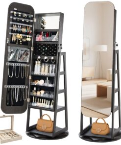 VEVOR 160 cm 360° Swivel Jewelry Cabinet with Full-Length Mirror, Lockable Armoire Organizer, Shelves & Pouches