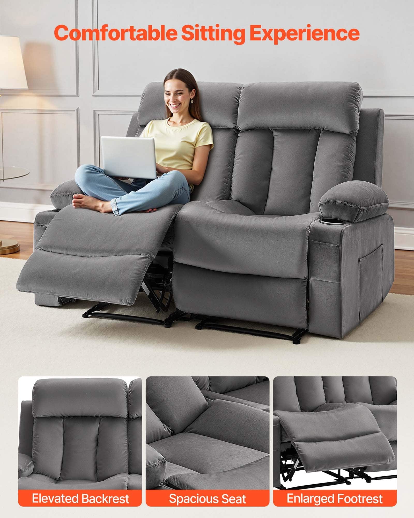 VEVOR Electric Recliner Loveseat Sofa with Massage, Heating, USB Ports, Cup Holders, Velvet Fabric, 150 kg Capacity, Grey - Pilt 6
