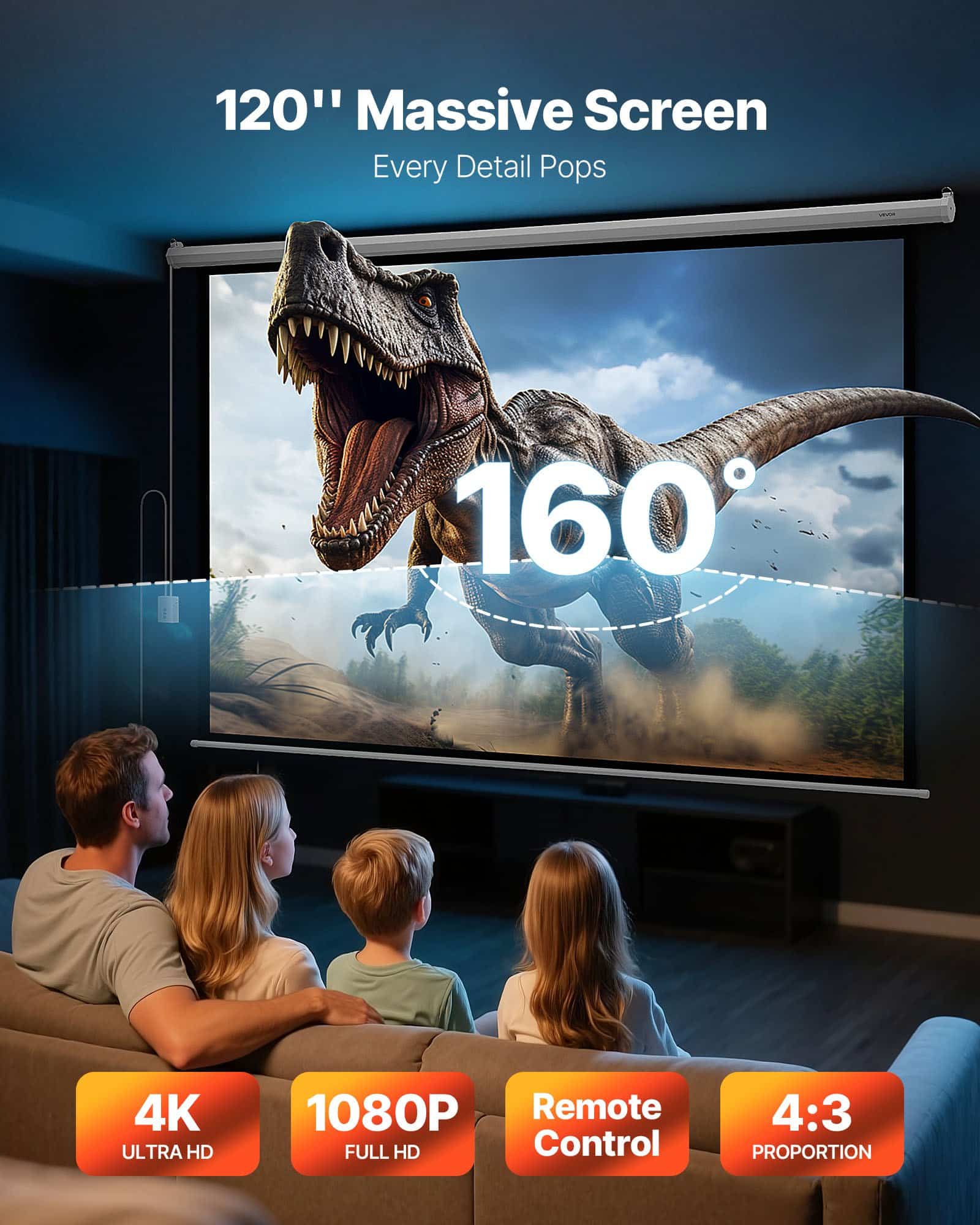VEVOR 3048 mm 4:3 Motorized Projector Screen, 1080P HD, Wall-Mounted with Remote Control, for Home, Office, Theater — attēls 2