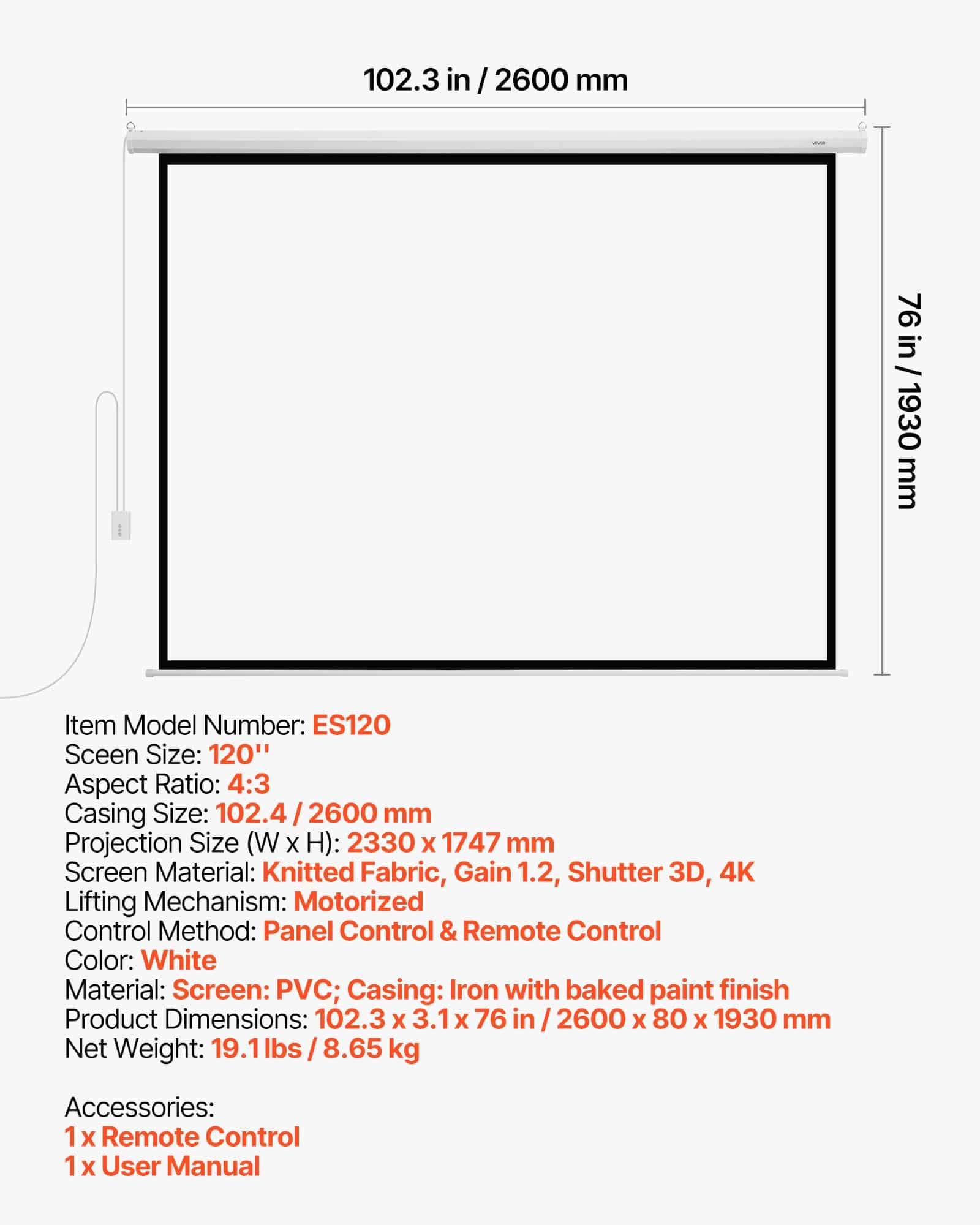 VEVOR 3048 mm 4:3 Motorized Projector Screen, 1080P HD, Wall-Mounted with Remote Control, for Home, Office, Theater — attēls 7