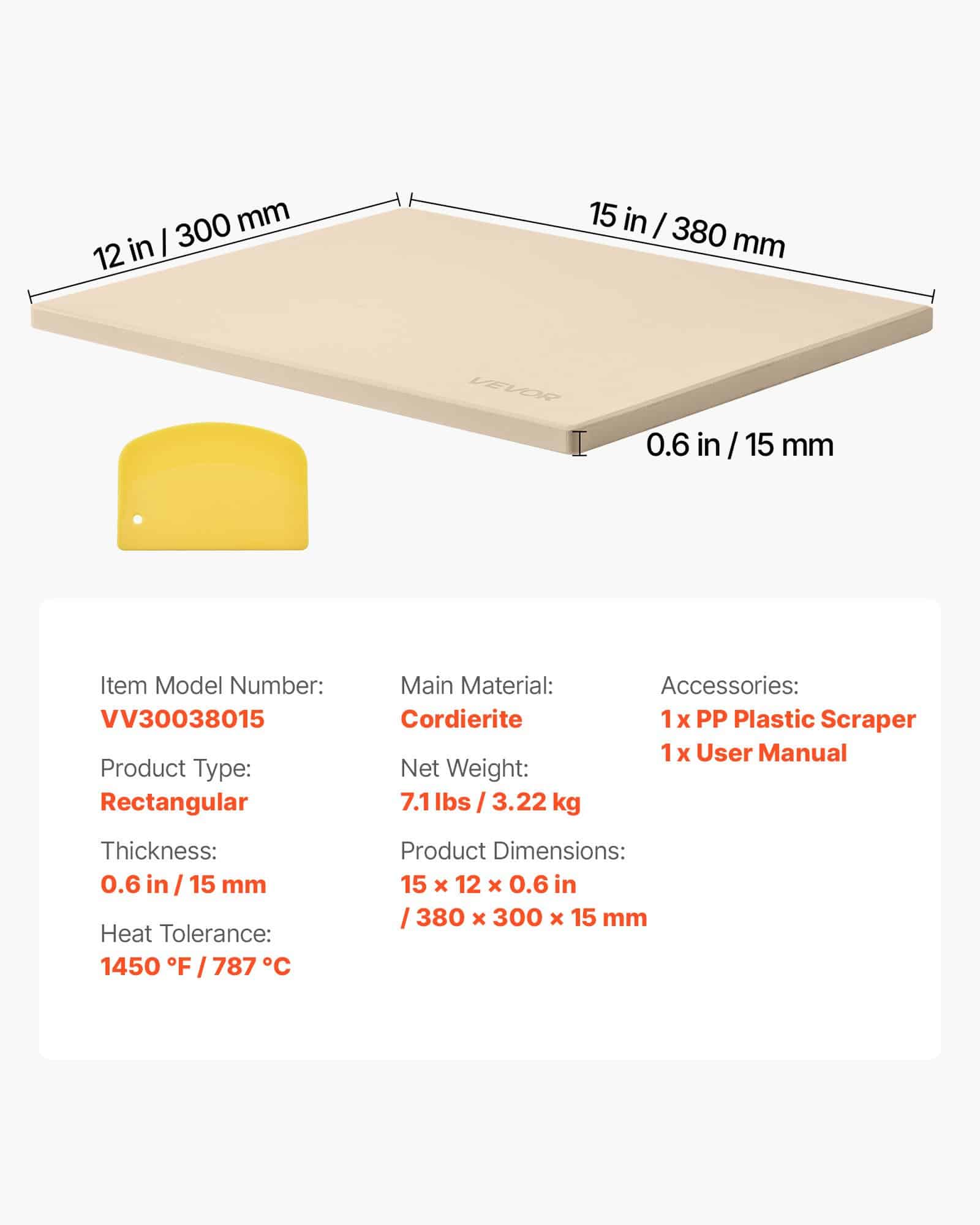 VEVOR 38x30 cm Cordierite Pizza Stone with Scraper, 15 mm Thick Heat-Resistant Rectangular Baking Stone for Oven & Grill — изображение 7