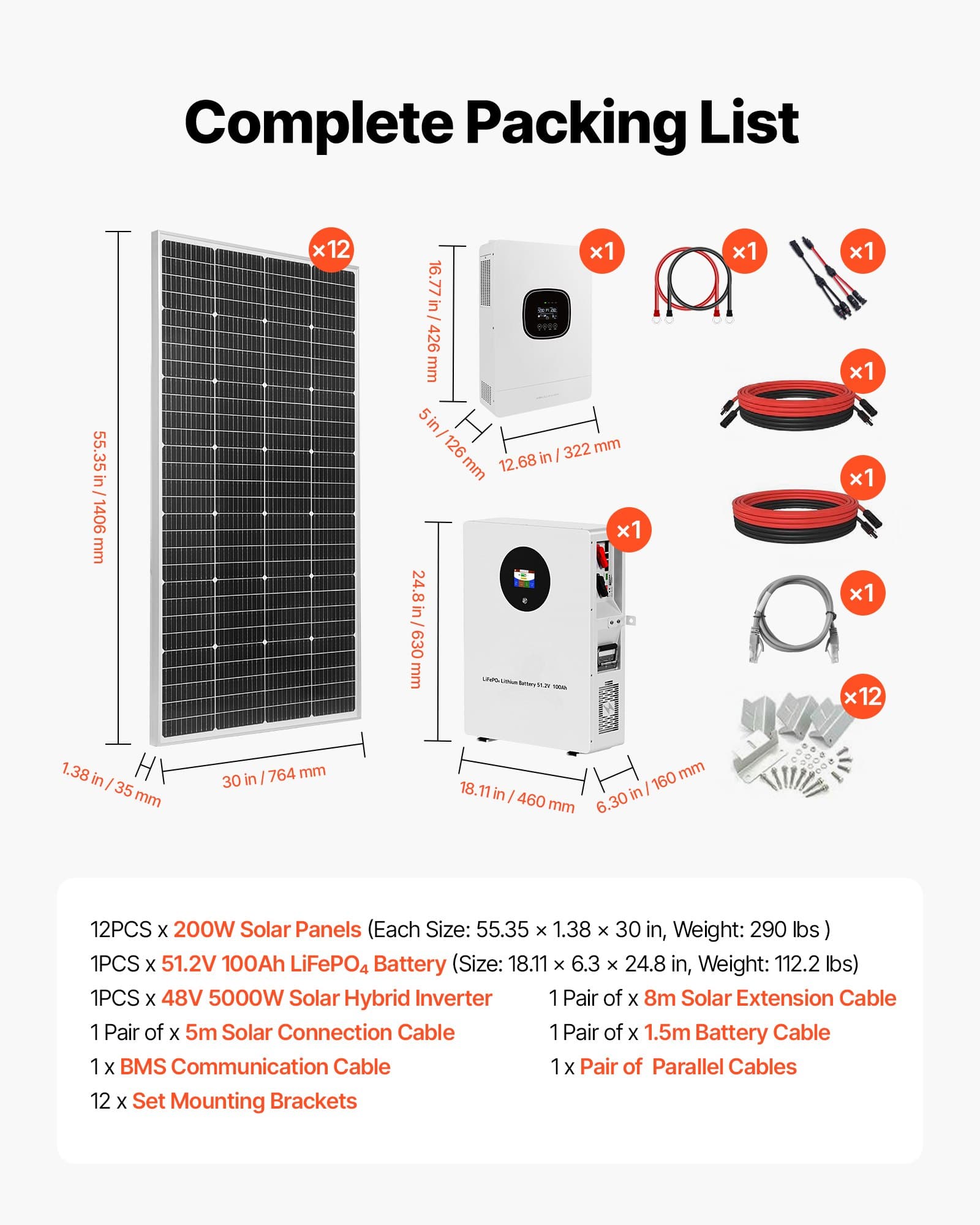 VEVOR 9600Wh Solar Power Kit 2400W 48V - 12x200W Monocrystalline Panels, 51.2V 100Ah LiFePO₄ Battery, 5000W Inverter - Зображення 7