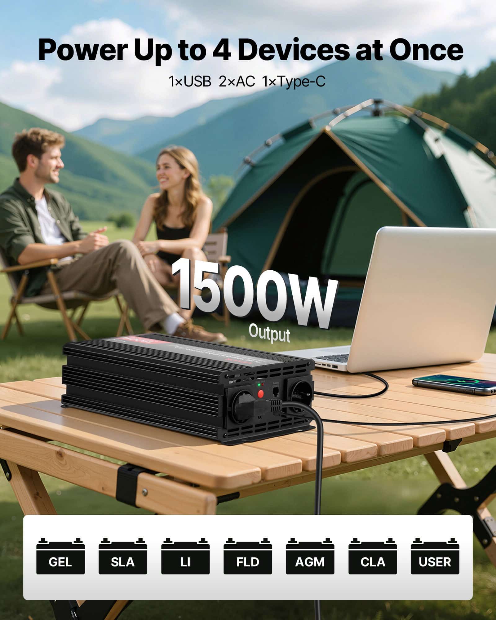 VEVOR 1500W Pure Sine Wave Power Inverter 12V to 230V with Remote, USB/Type-C, 2 AC Outlets – for RV, Truck, Camping - Pilt 2