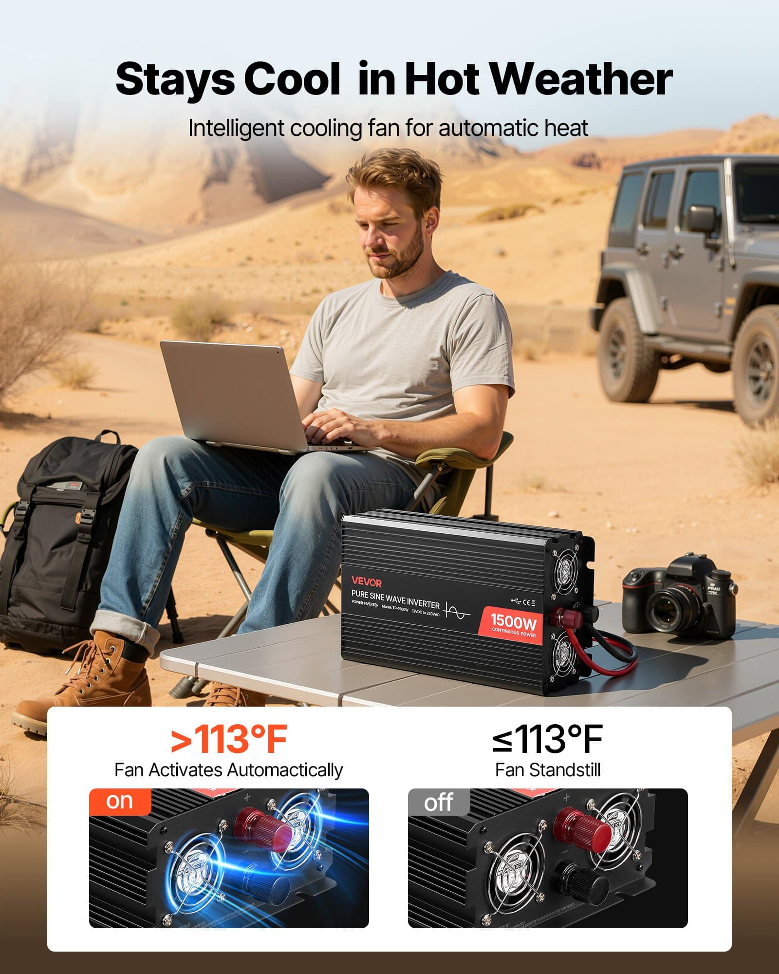 VEVOR 1500W Pure Sine Wave Power Inverter 12V to 230V with Remote, USB/Type-C, 2 AC Outlets – for RV, Truck, Camping - Pilt 6