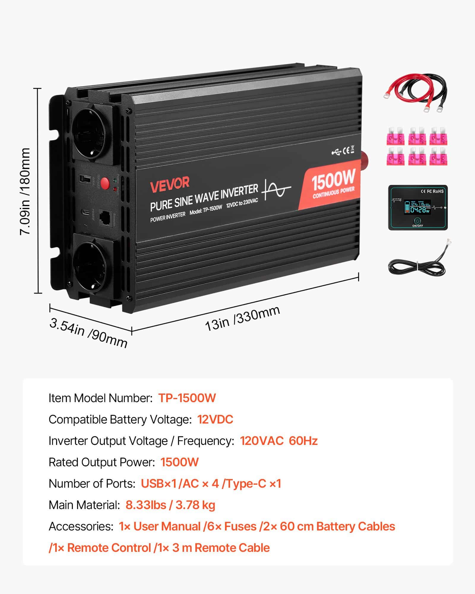 VEVOR 1500W Pure Sine Wave Power Inverter 12V to 230V with Remote, USB/Type-C, 2 AC Outlets – for RV, Truck, Camping - Pilt 7