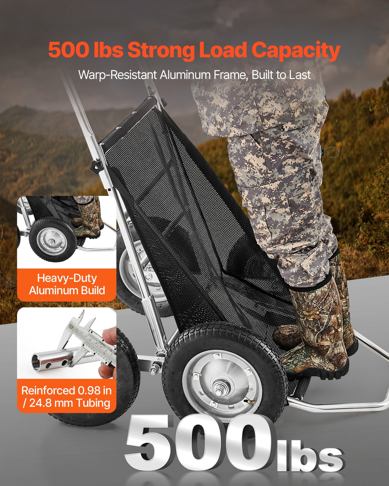 VEVOR Heavy-Duty Folding Game Cart, 227kg Load Deer Hauler with Shock-Absorbing Wheels for Hunting, Fishing, Hiking - Зображення 2