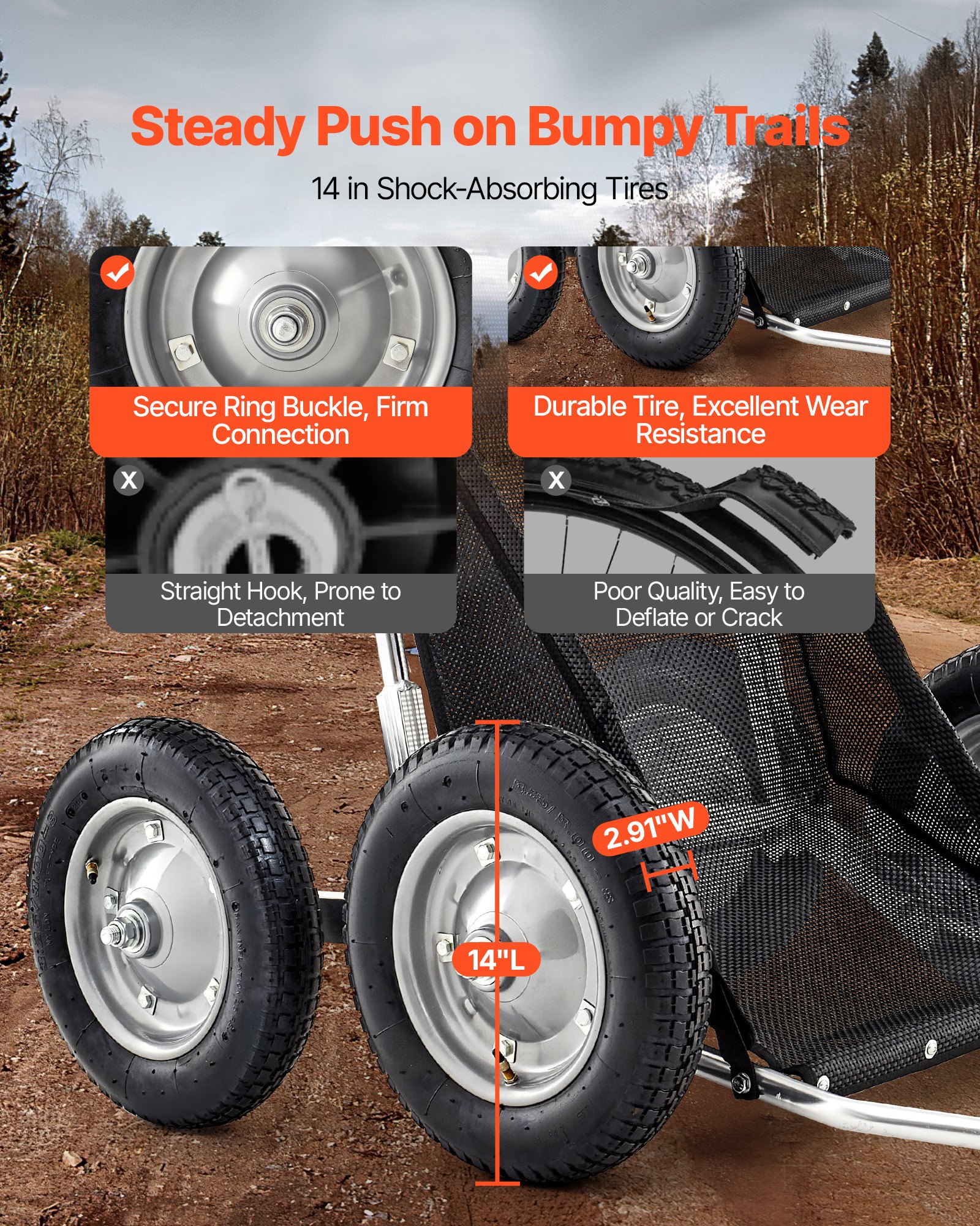 VEVOR Heavy-Duty Folding Game Cart, 227kg Load Deer Hauler with Shock-Absorbing Wheels for Hunting, Fishing, Hiking - Зображення 3