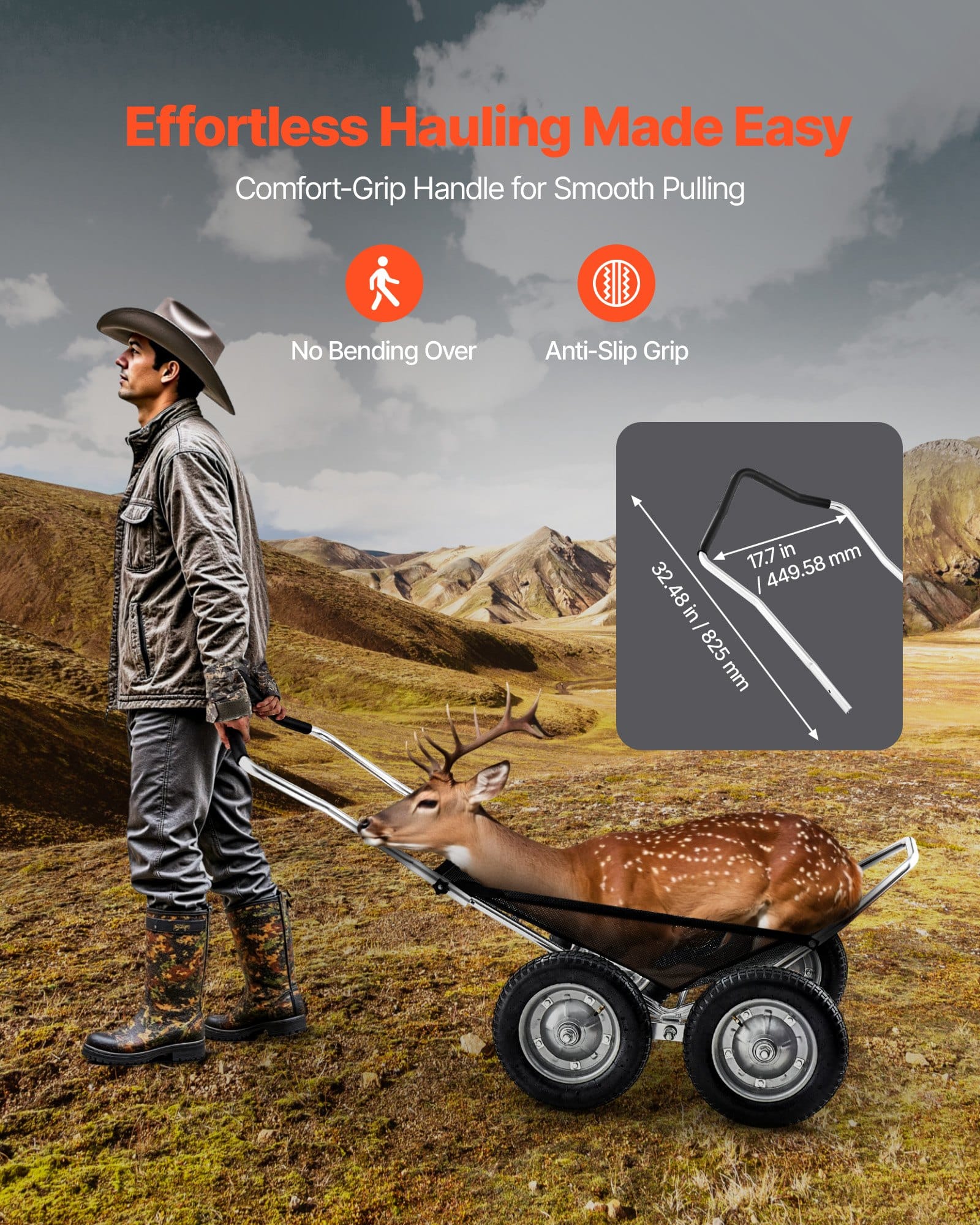 VEVOR Heavy-Duty Folding Game Cart, 227kg Load Deer Hauler with Shock-Absorbing Wheels for Hunting, Fishing, Hiking - Зображення 5