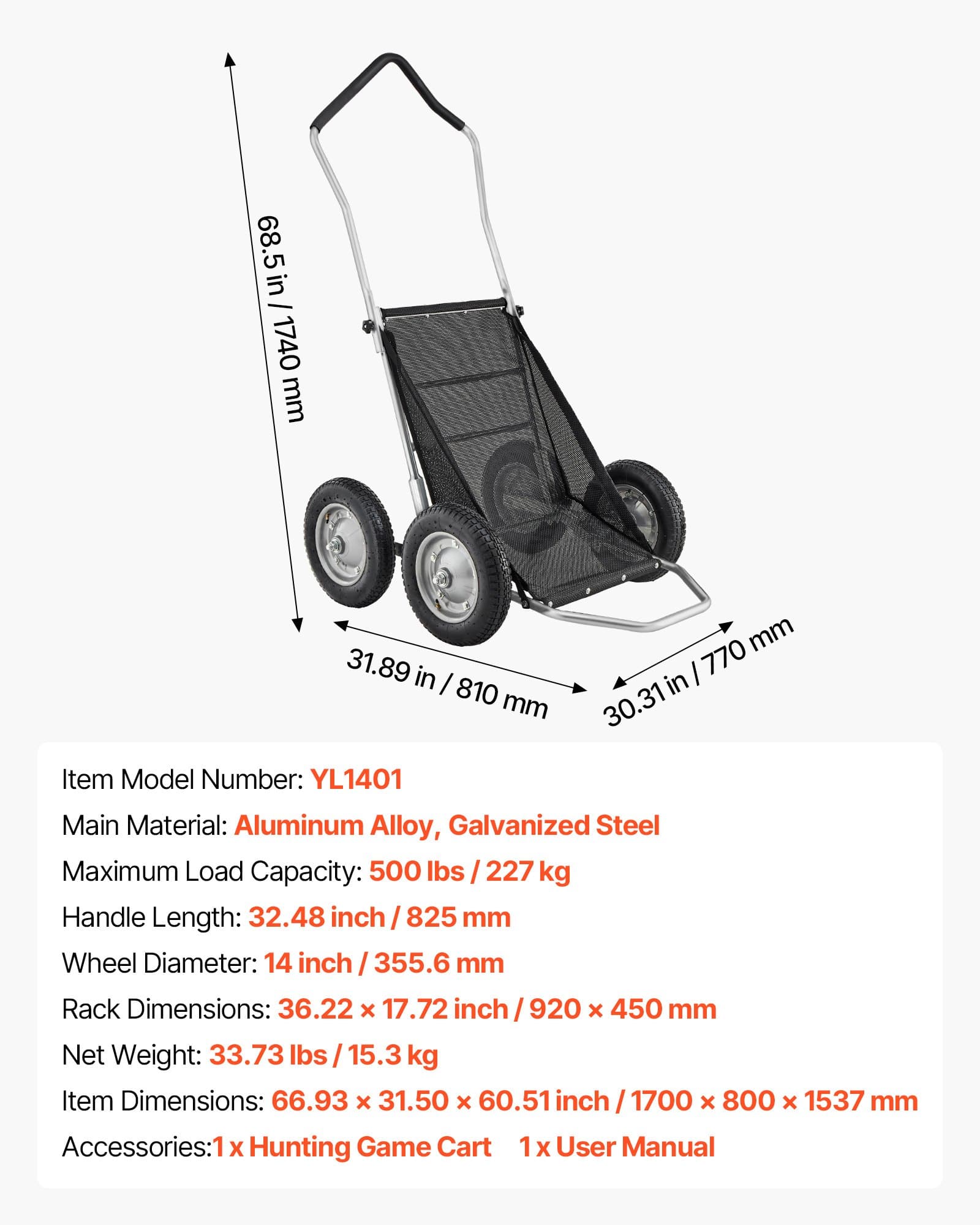 VEVOR Heavy-Duty Folding Game Cart, 227kg Load Deer Hauler with Shock-Absorbing Wheels for Hunting, Fishing, Hiking - Зображення 7