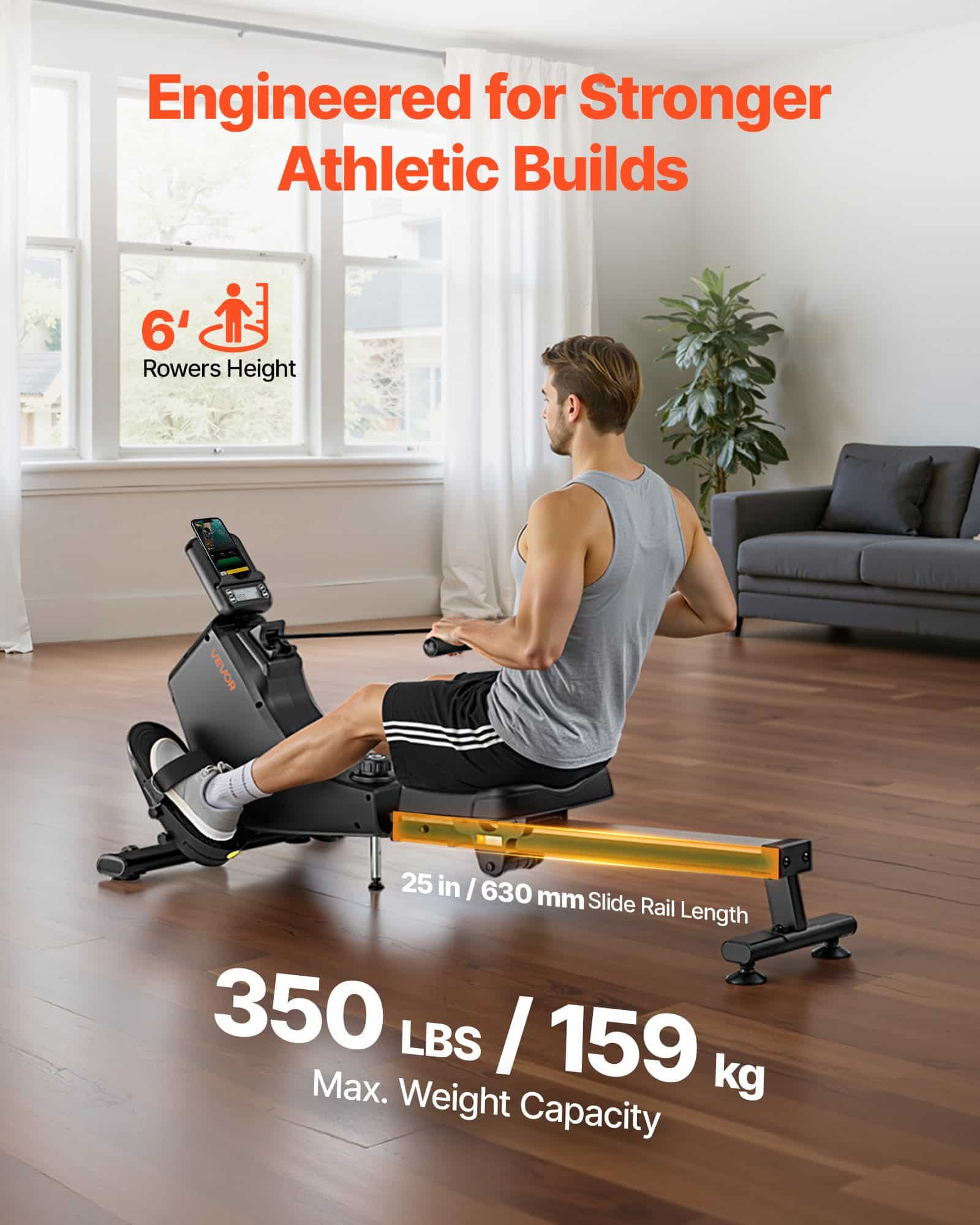 VEVOR Magnetic Rowing Machine with 16-Level Adjustable Resistance, Foldable, Bluetooth & LCD, 158kg Capacity, Quiet Home Rower - Image 2