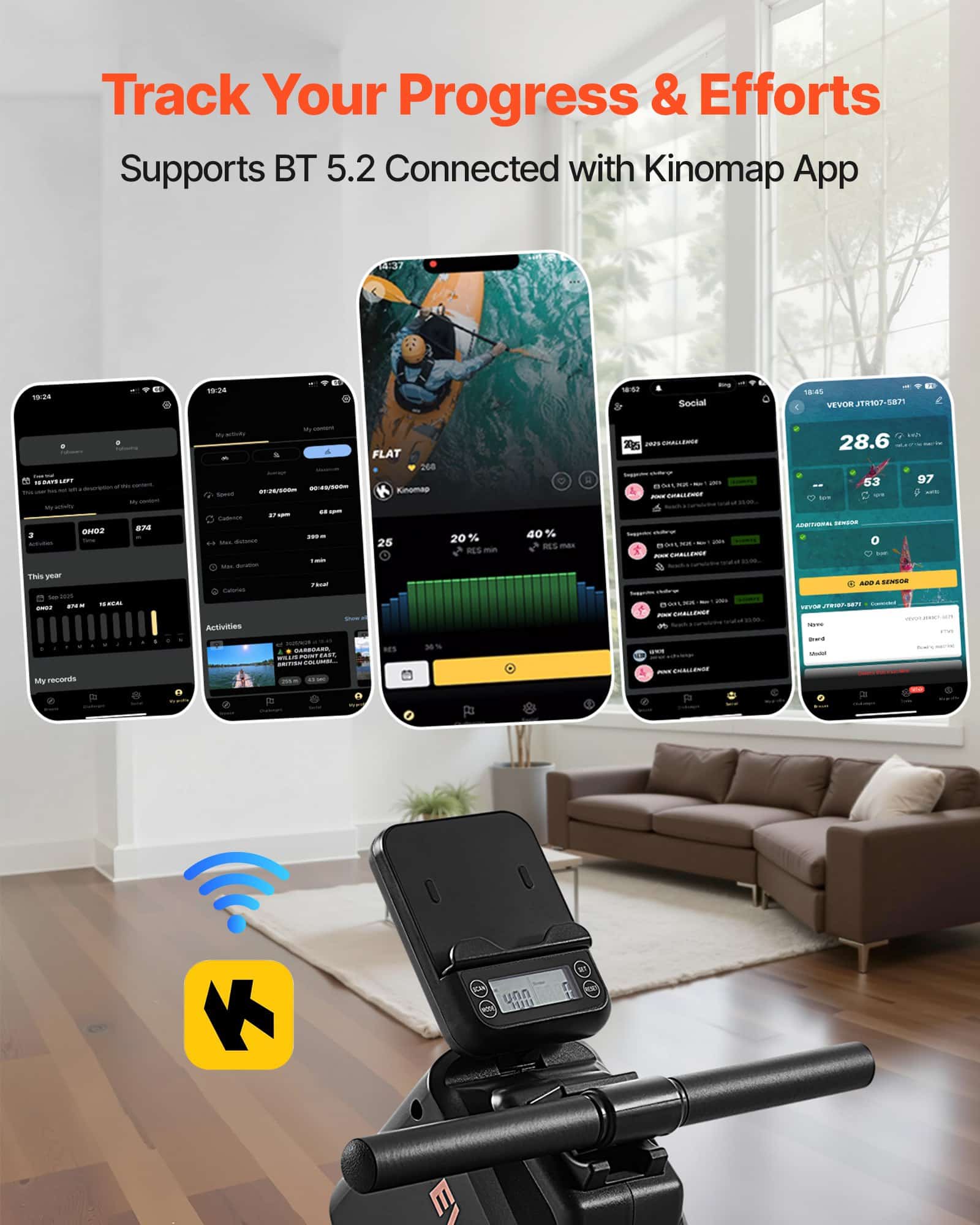 VEVOR Magnetic Rowing Machine with 16-Level Adjustable Resistance, Foldable, Bluetooth & LCD, 158kg Capacity, Quiet Home Rower - Image 3