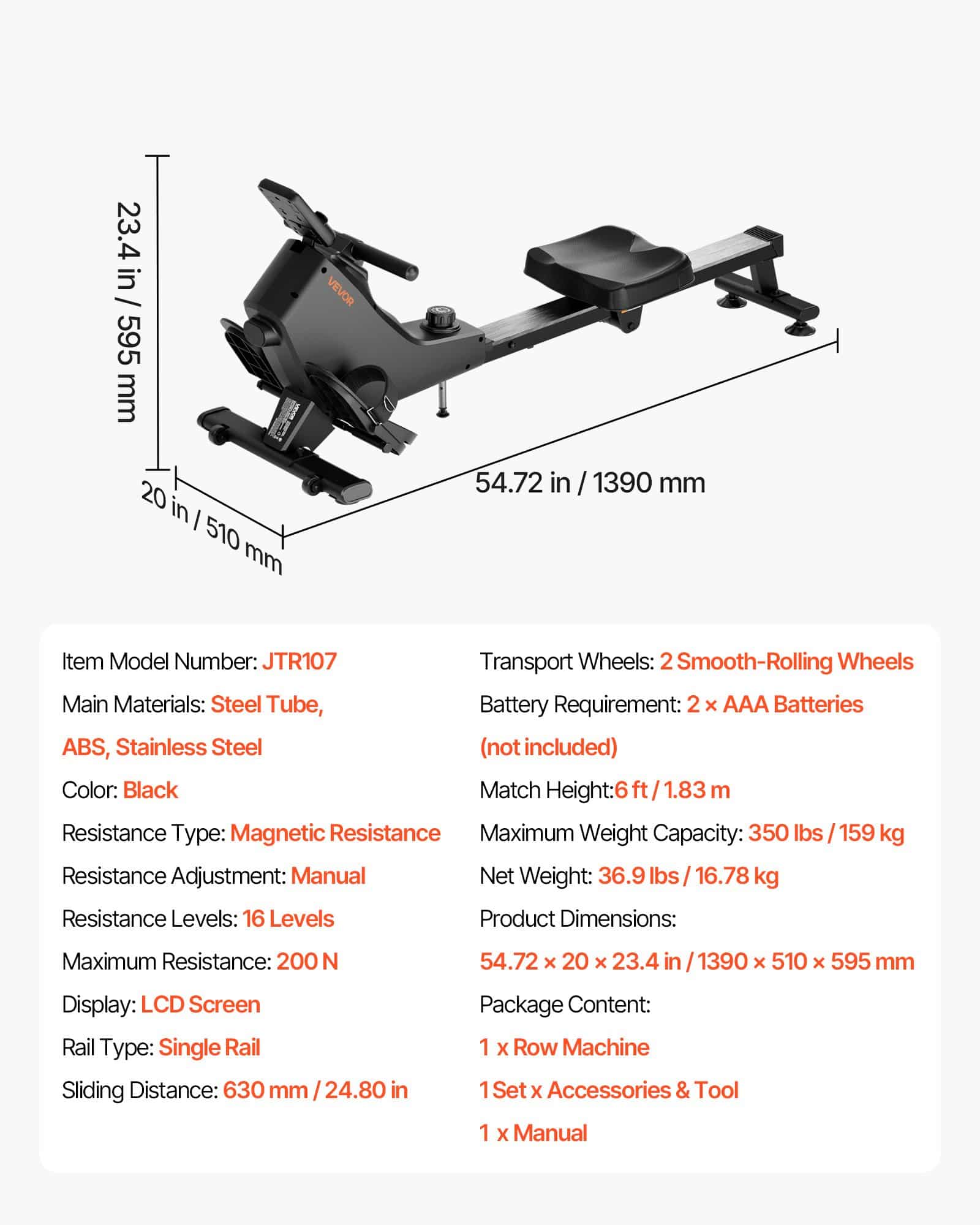 VEVOR Magnetic Rowing Machine with 16-Level Adjustable Resistance, Foldable, Bluetooth & LCD, 158kg Capacity, Quiet Home Rower - Image 7