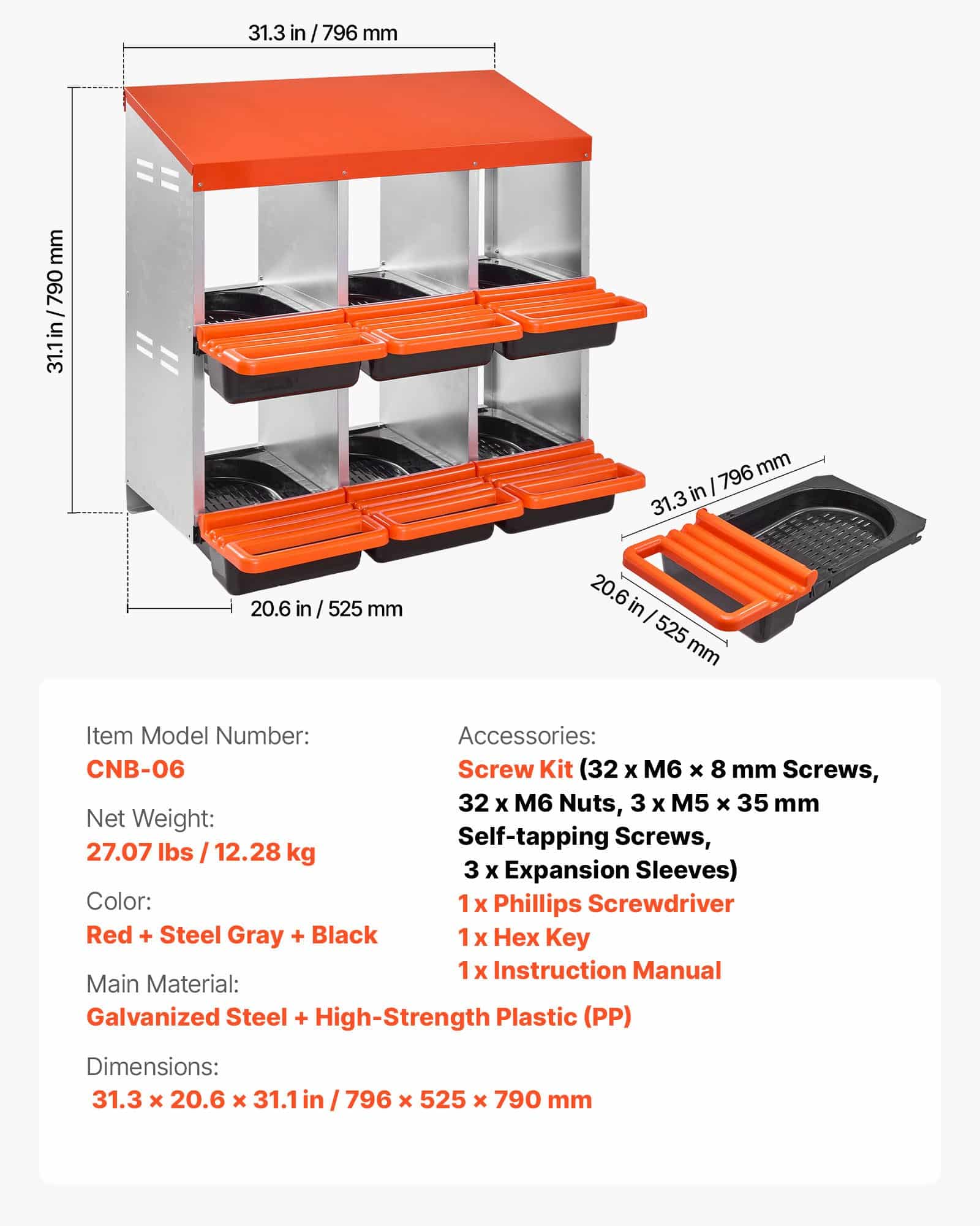 VEVOR 2-Tier Chicken Nesting Boxes with 6 Compartments, Metal Roll-Out Egg Boxes with Protective Lids, for Poultry, Easy Assembly — изображение 7