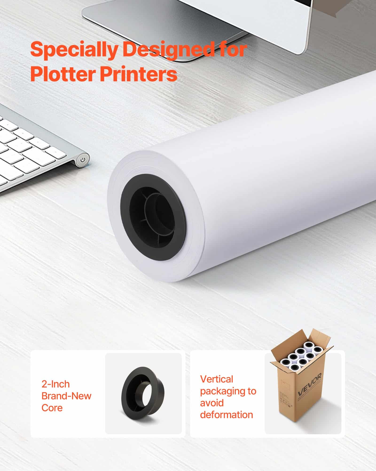 VEVOR CAD Plotter Paper Rolls 609.6 mm x 45.7 m, 80 GSM, 8 Rolls with 50.8 mm Core for Engineering & Architectural Printing — изображение 2