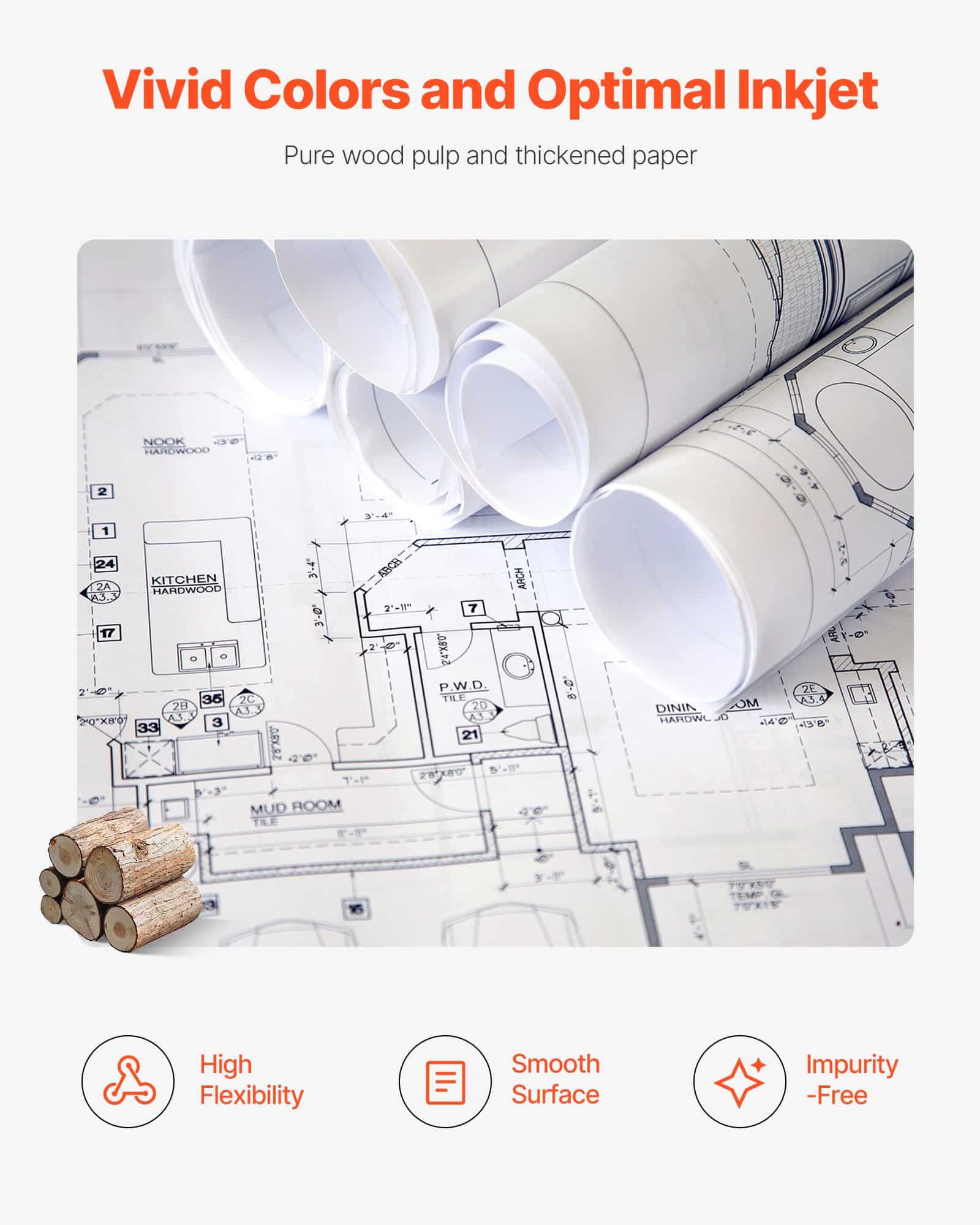 VEVOR CAD Plotter Paper Rolls 609.6 mm x 45.7 m, 80 GSM, 8 Rolls with 50.8 mm Core for Engineering & Architectural Printing — изображение 5