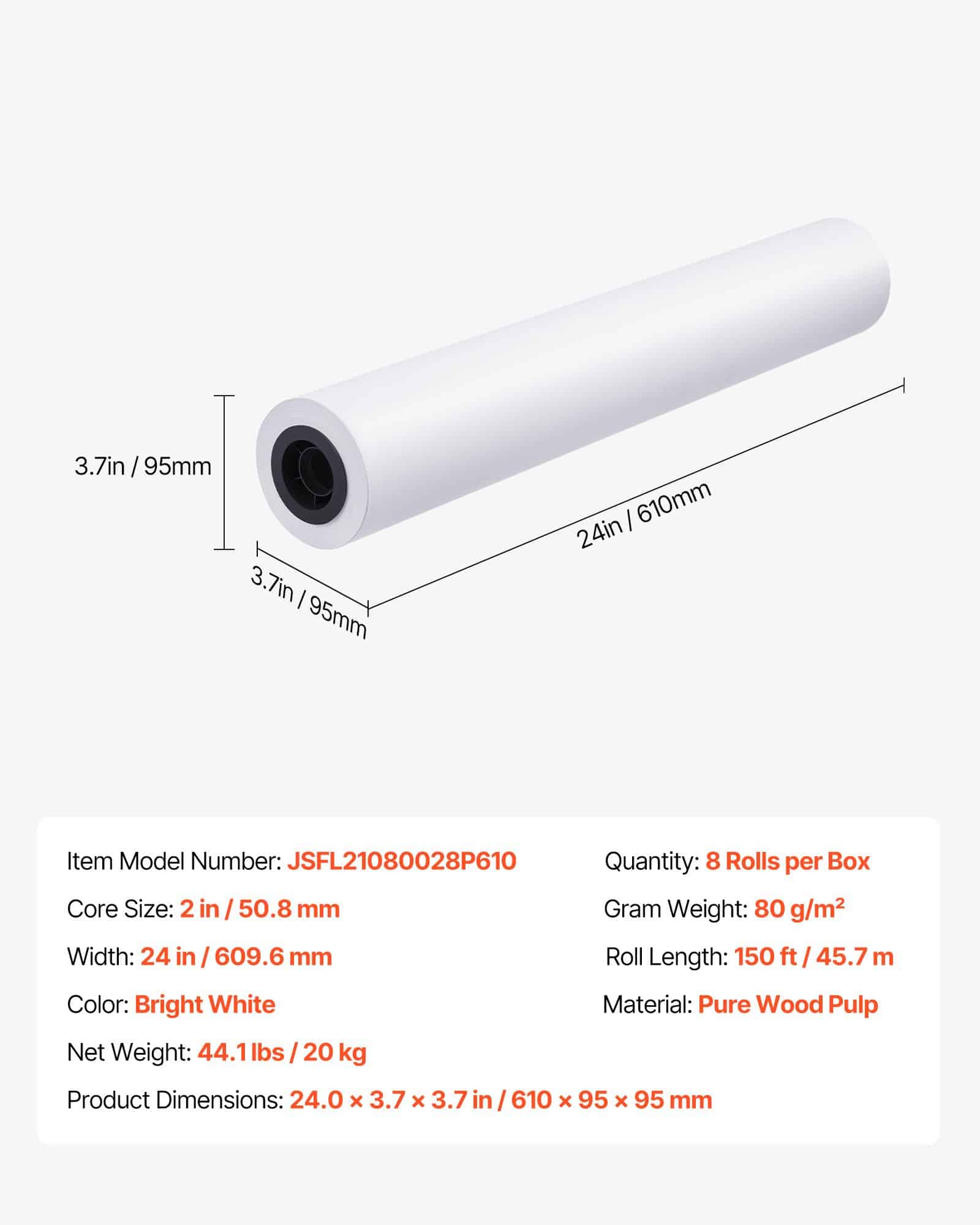 VEVOR CAD Plotter Paper Rolls 609.6 mm x 45.7 m, 80 GSM, 8 Rolls with 50.8 mm Core for Engineering & Architectural Printing — изображение 7