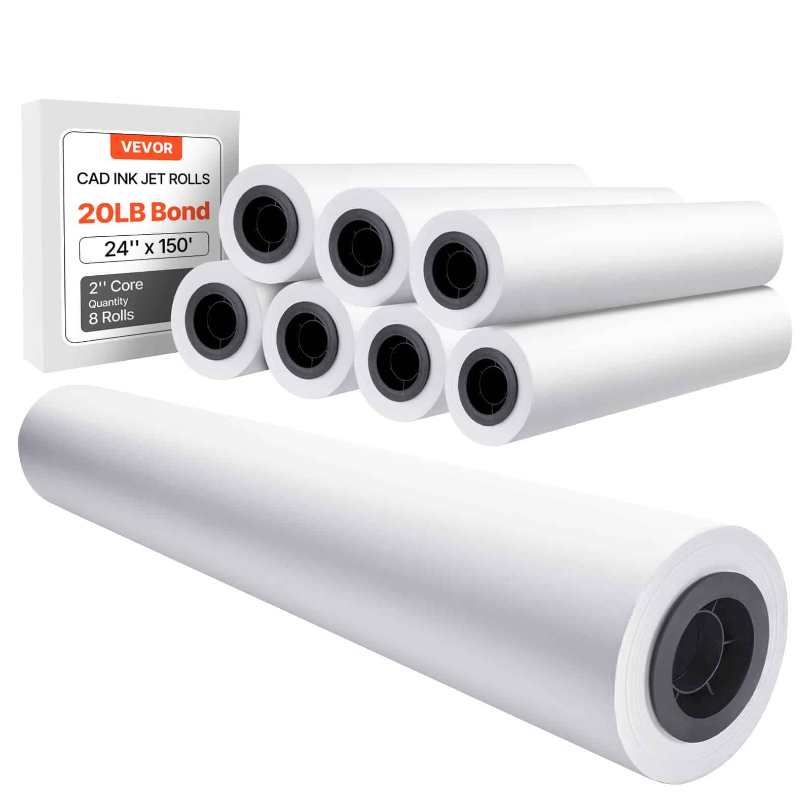 Бумажные рулоны плоттера VEVOR CAD 609,6 мм x 45,7 м, 80 GSM, 8 рулонов с сердечником 50,8 мм для инженерной и архитектурной печати