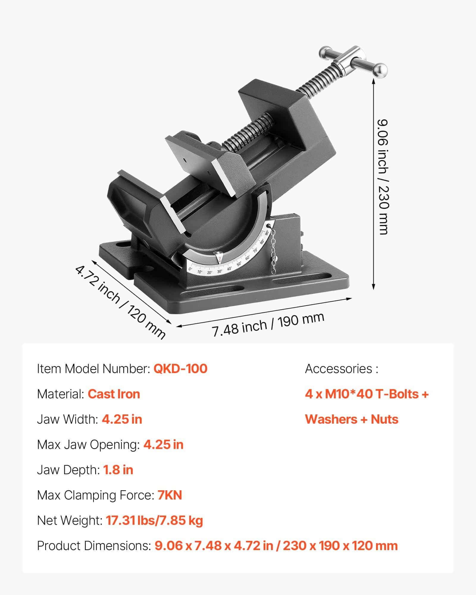 VEVOR 108mm Tilting Drill Press Vise, 0–90° Adjustable Angle, Cast Iron Bench Vise for Woodworking & Metalworking - Image 7