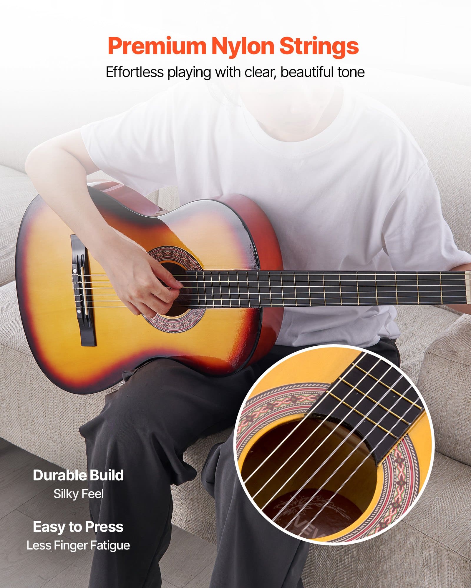VEVOR 960 mm Classical Guitar Starter Kit, Basswood Body, Nylon Strings, Gig Bag, Tuner, for Beginners Teens Adults, Sunburst - Image 3