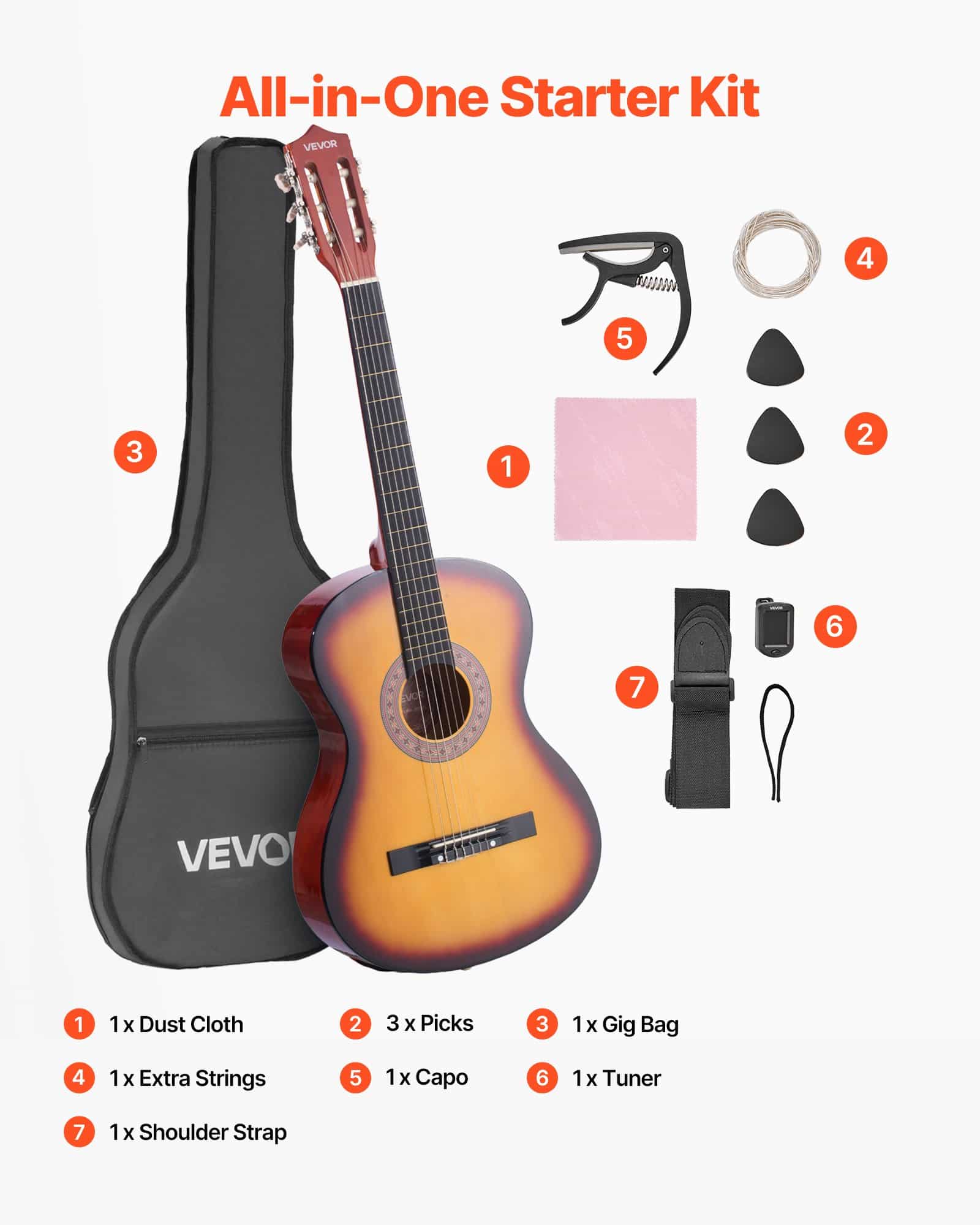 VEVOR 960 mm Classical Guitar Starter Kit, Basswood Body, Nylon Strings, Gig Bag, Tuner, for Beginners Teens Adults, Sunburst - Image 7