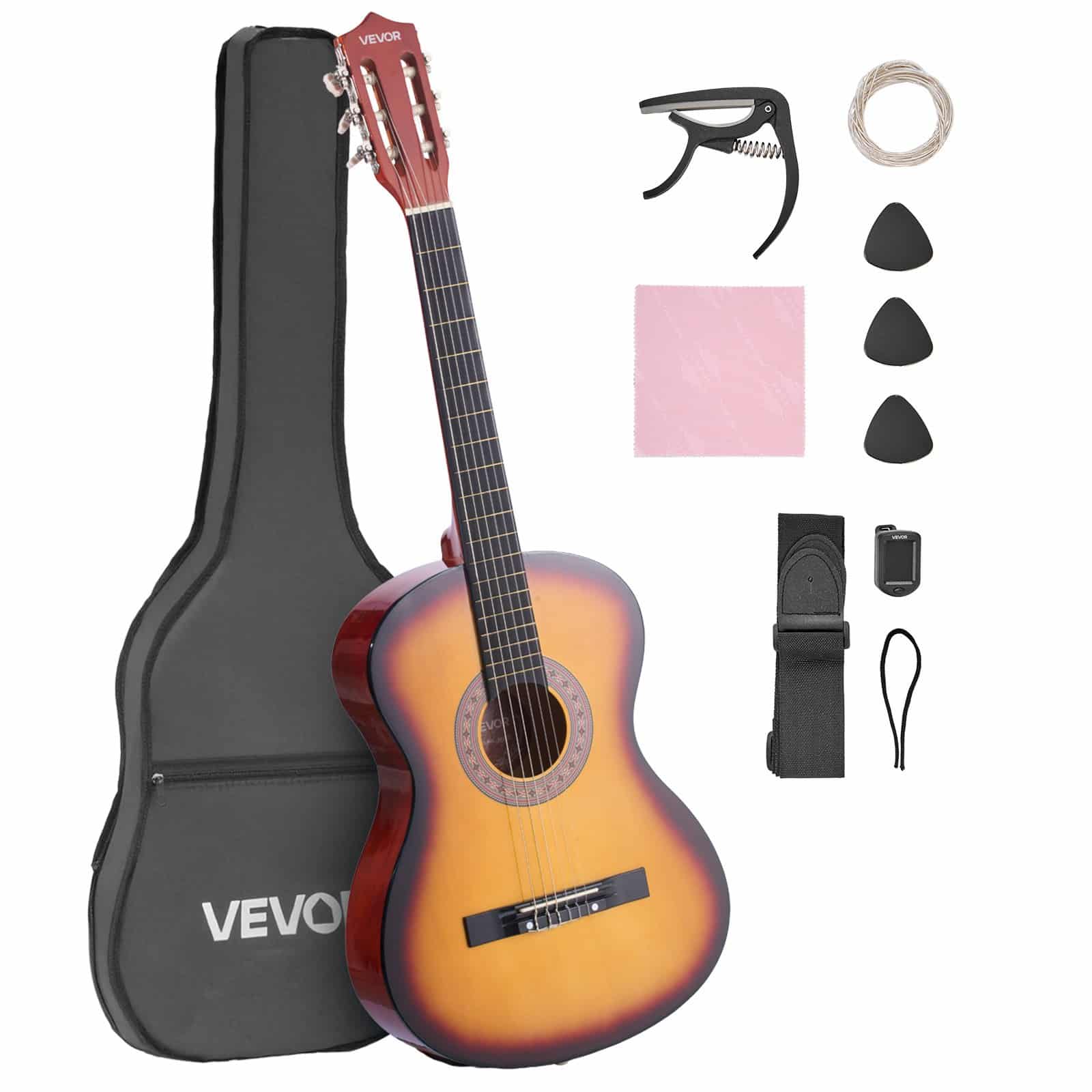 VEVOR 960 mm Classical Guitar Starter Kit, Basswood Body, Nylon Strings, Gig Bag, Tuner, for Beginners Teens Adults, Sunburst