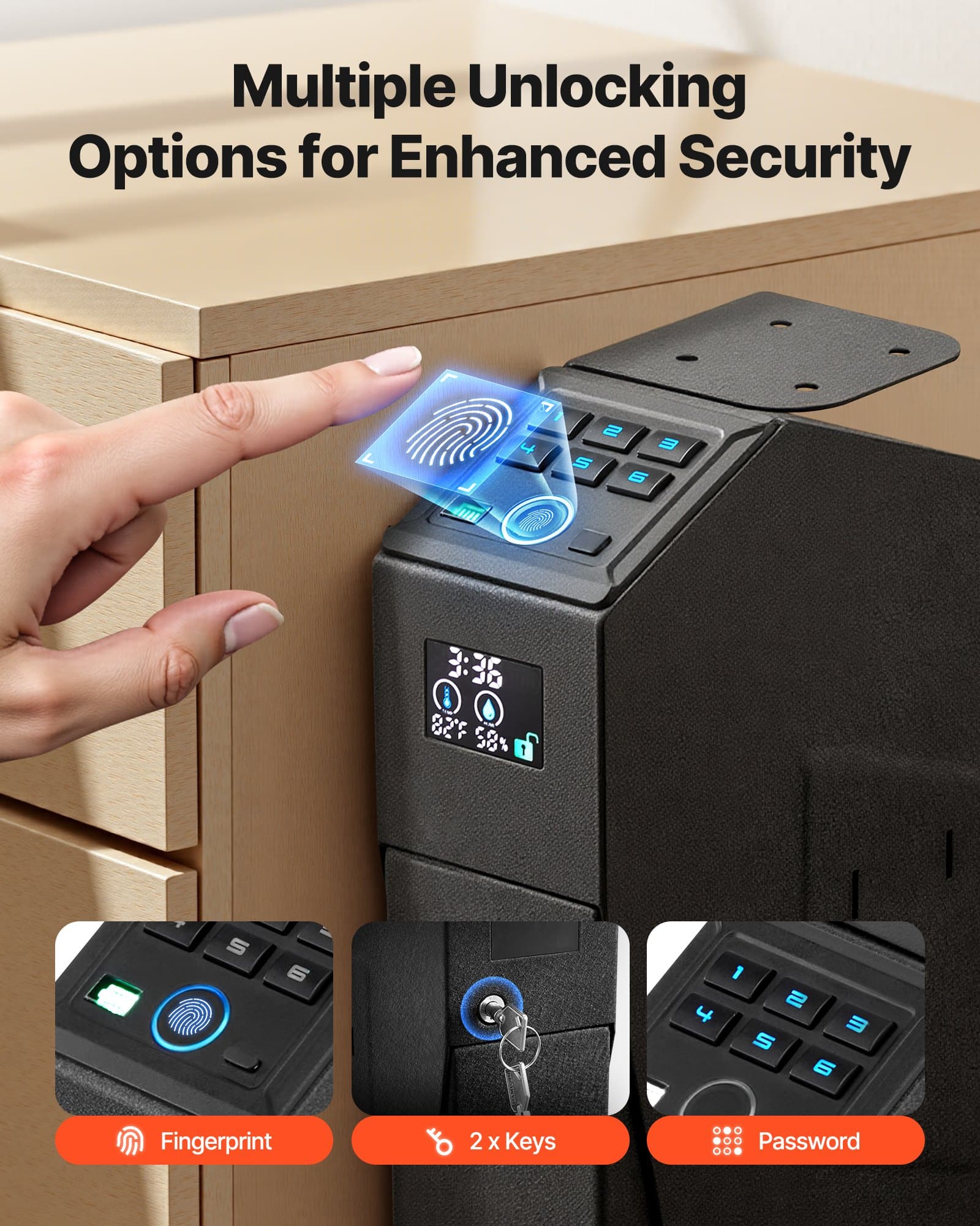 VEVOR Fingerprint Gun Safe with LCD, LED, Keypad & Key Access for 1 Pistol & Magazine – Mounted Bedside/Desk/Car Firearm Box — Attēls 2