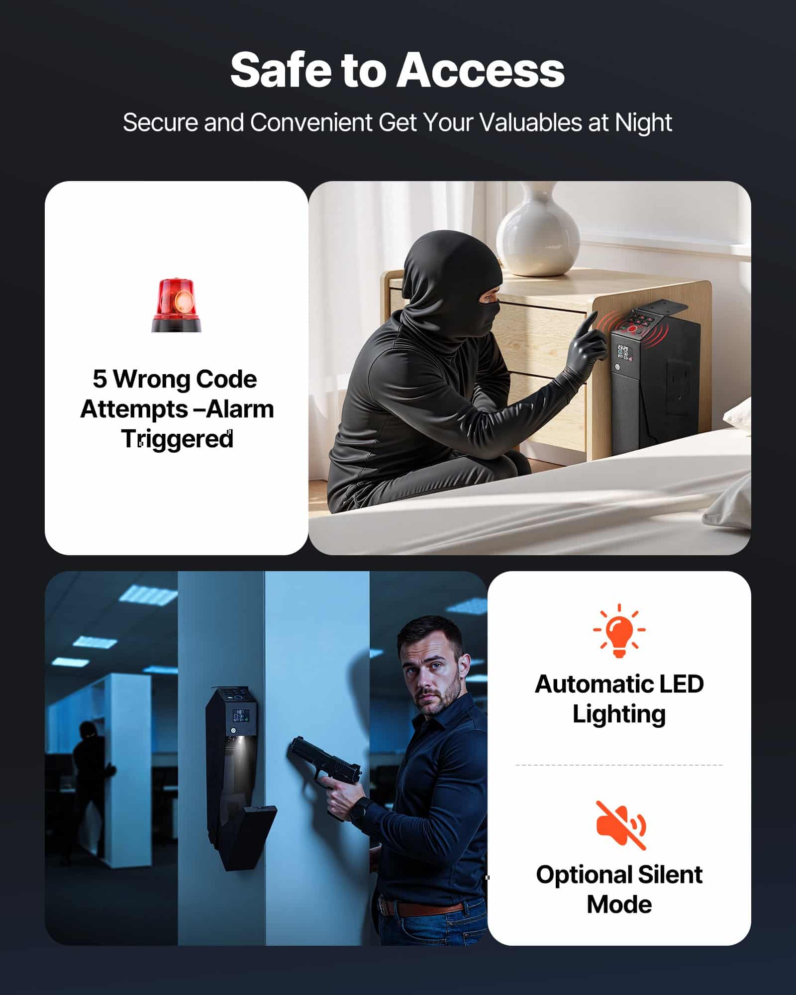 VEVOR Fingerprint Gun Safe with LCD, LED, Keypad & Key Access for 1 Pistol & Magazine – Mounted Bedside/Desk/Car Firearm Box — Attēls 5