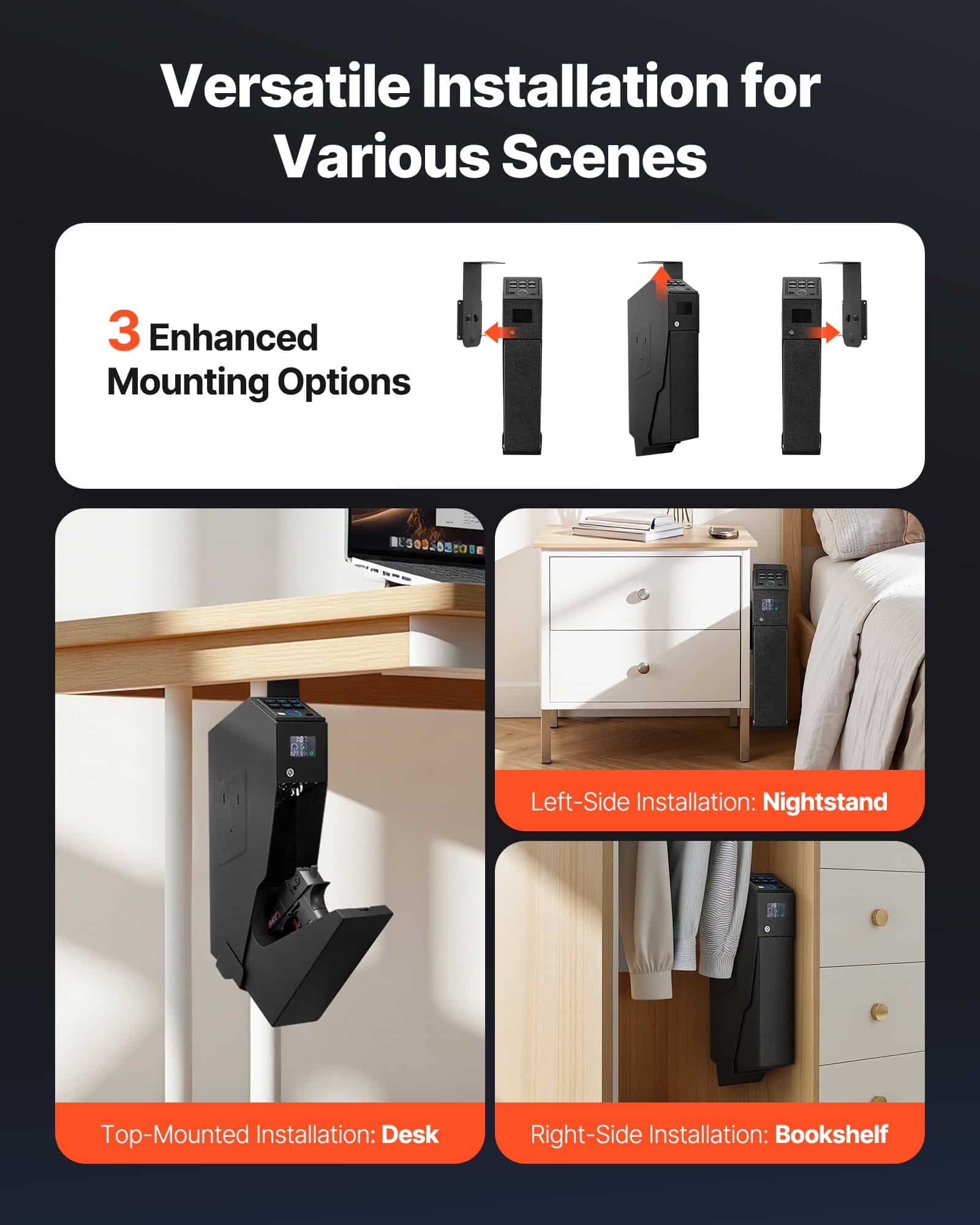 VEVOR Fingerprint Gun Safe with LCD, LED, Keypad & Key Access for 1 Pistol & Magazine – Mounted Bedside/Desk/Car Firearm Box — Attēls 6