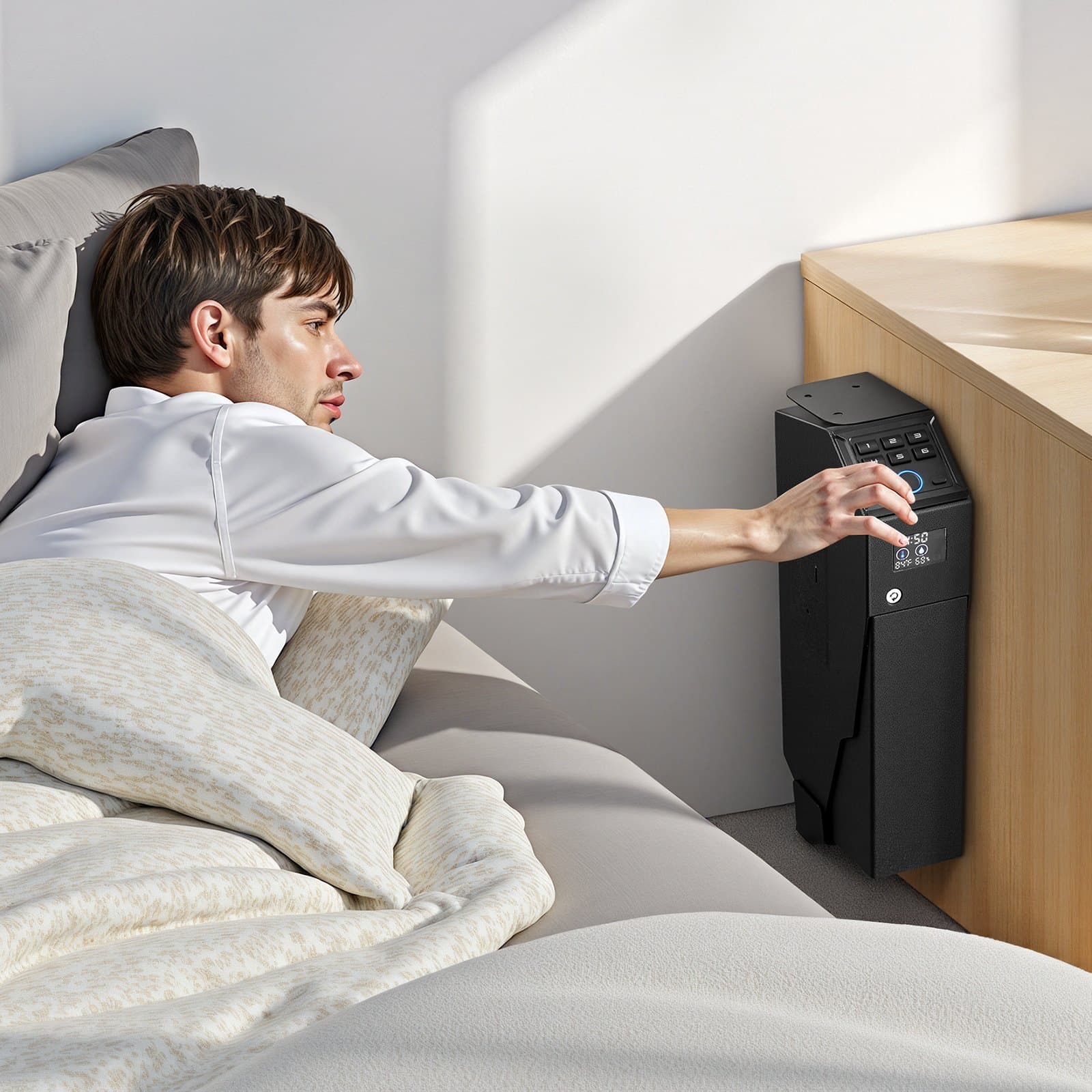 VEVOR Fingerprint Gun Safe with LCD, LED, Keypad & Key Access for 1 Pistol & Magazine – Mounted Bedside/Desk/Car Firearm Box — Attēls 8