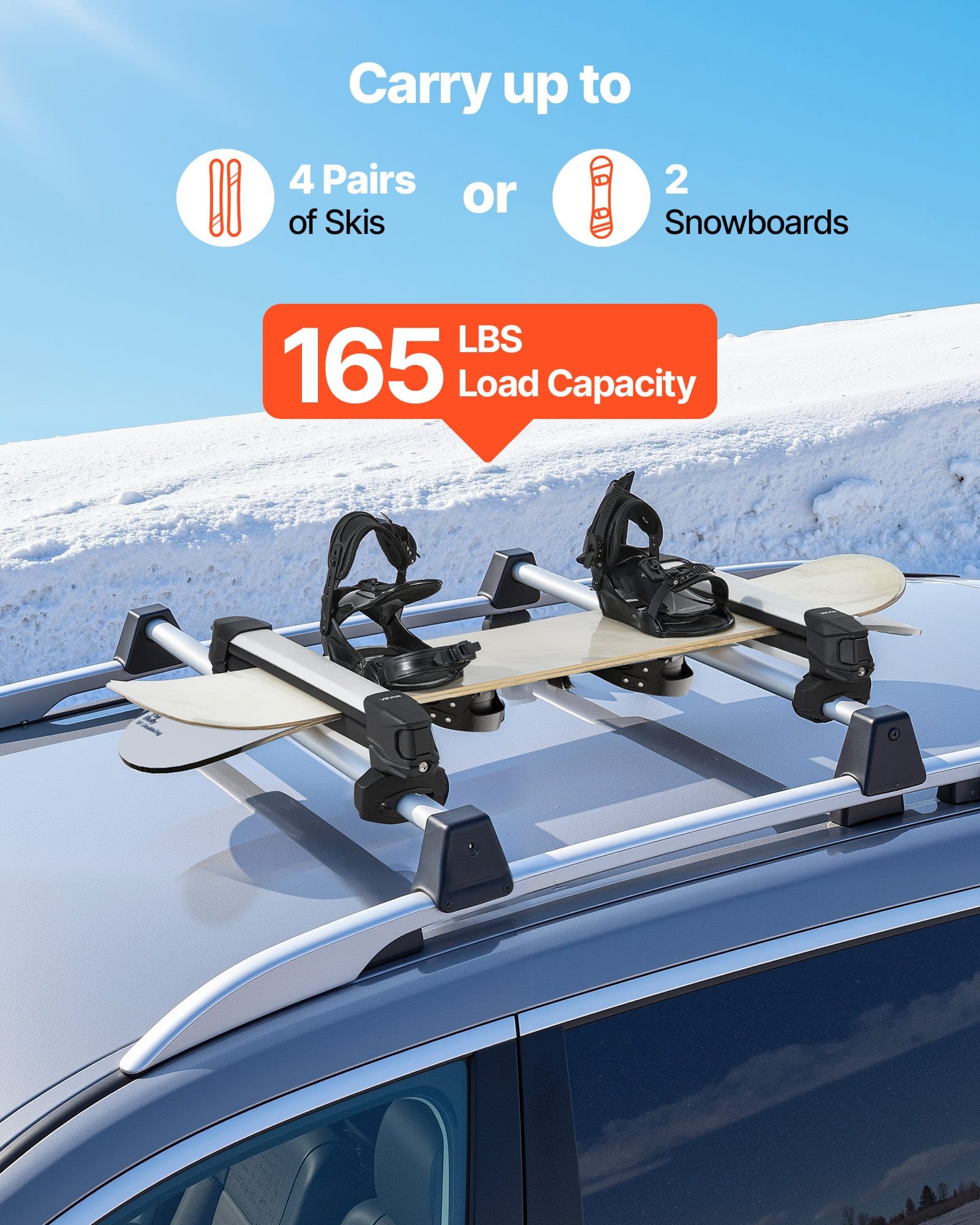 Snowboards And Skis Rack Snow VEVOR Universal Ski & Snowboard Roof Rack, Holds 4 Skis or 2 Snowboards ...