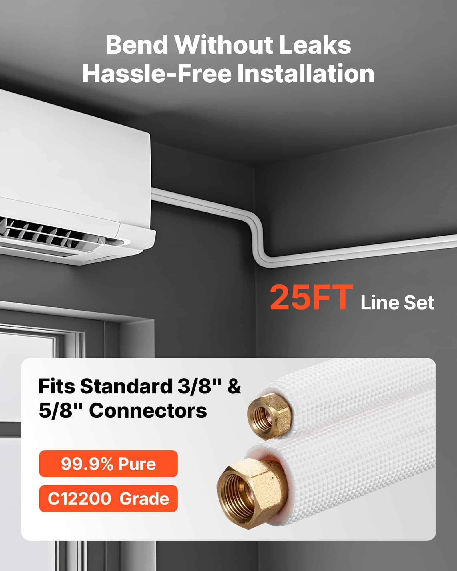 VEVOR 7.6m Mini Split AC Line Set, 9.5mm & 15.9mm Copper Tubing, Insulated Coil with Flared Nuts, Full HVAC Kit - Image 2