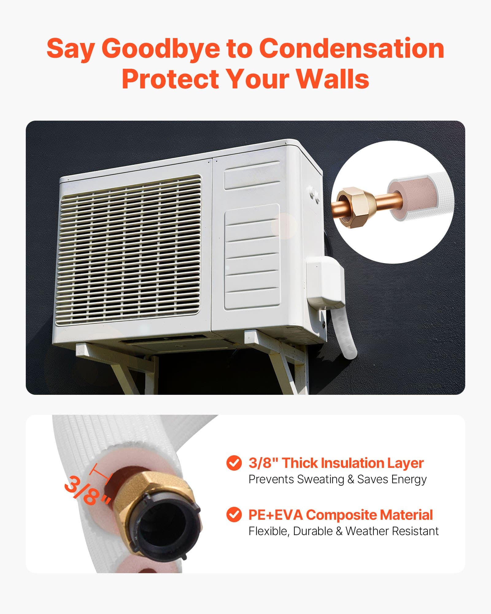 VEVOR 7.6m Mini Split AC Line Set, 9.5mm & 15.9mm Copper Tubing, Insulated Coil with Flared Nuts, Full HVAC Kit - Image 6
