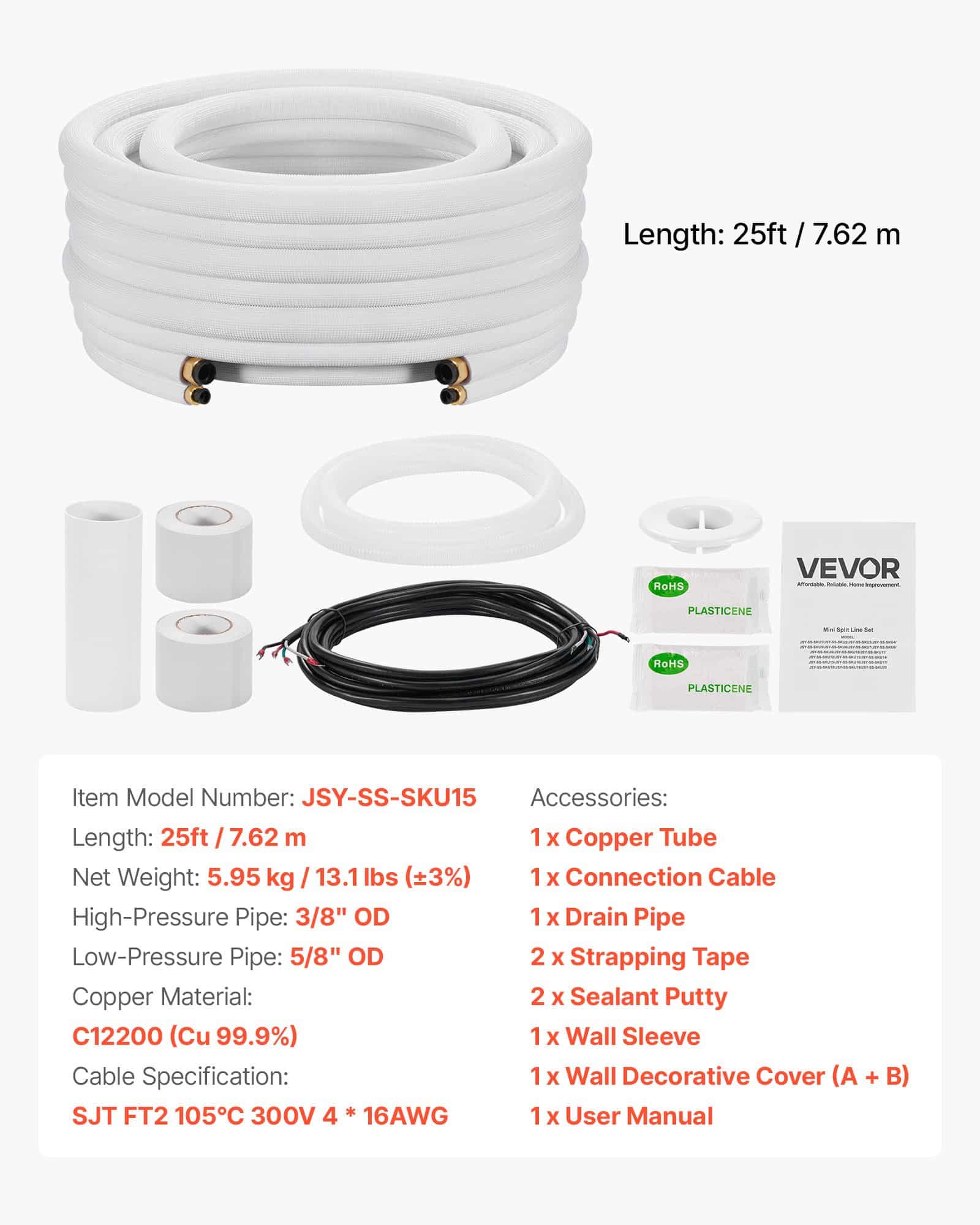 VEVOR 7.6m Mini Split AC Line Set, 9.5mm & 15.9mm Copper Tubing, Insulated Coil with Flared Nuts, Full HVAC Kit - Image 7