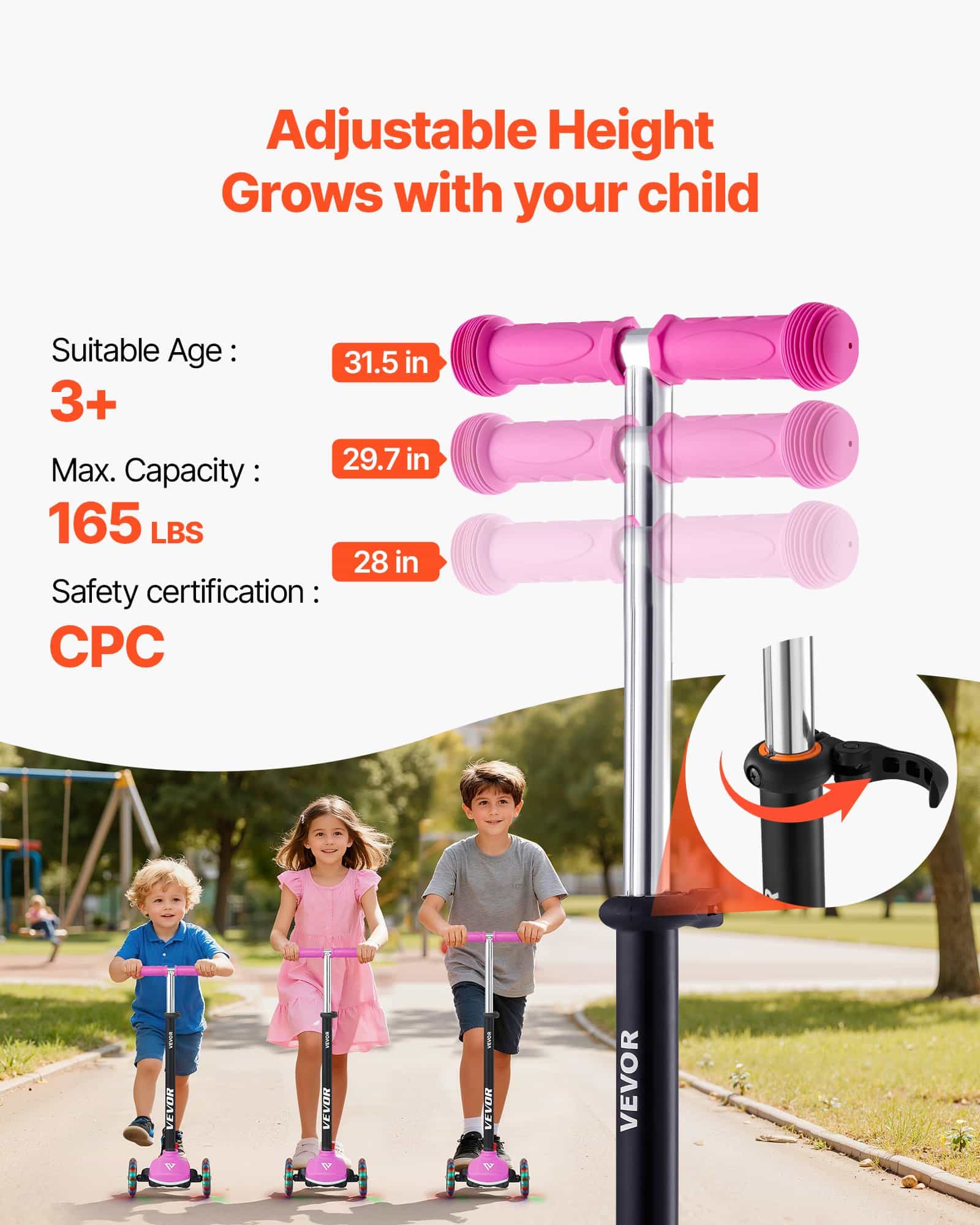 VEVOR 3-Wheel Kick Scooter for Kids Age 3+, Adjustable Height, Light-Up Wheels, Up to 75 kg, Anti-Slip Deck, Pink - Pilt 2