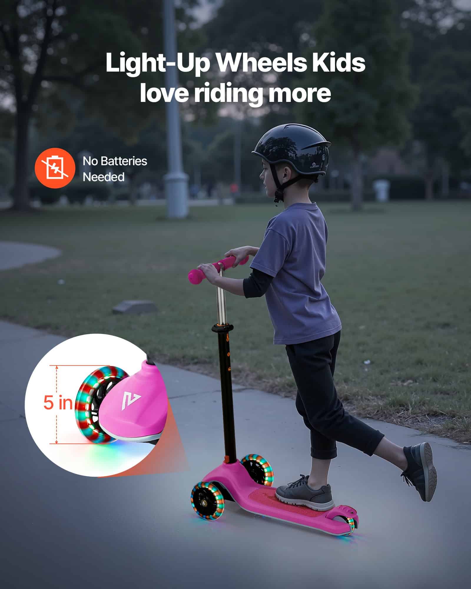 VEVOR 3-Wheel Kick Scooter for Kids Age 3+, Adjustable Height, Light-Up Wheels, Up to 75 kg, Anti-Slip Deck, Pink - Pilt 3