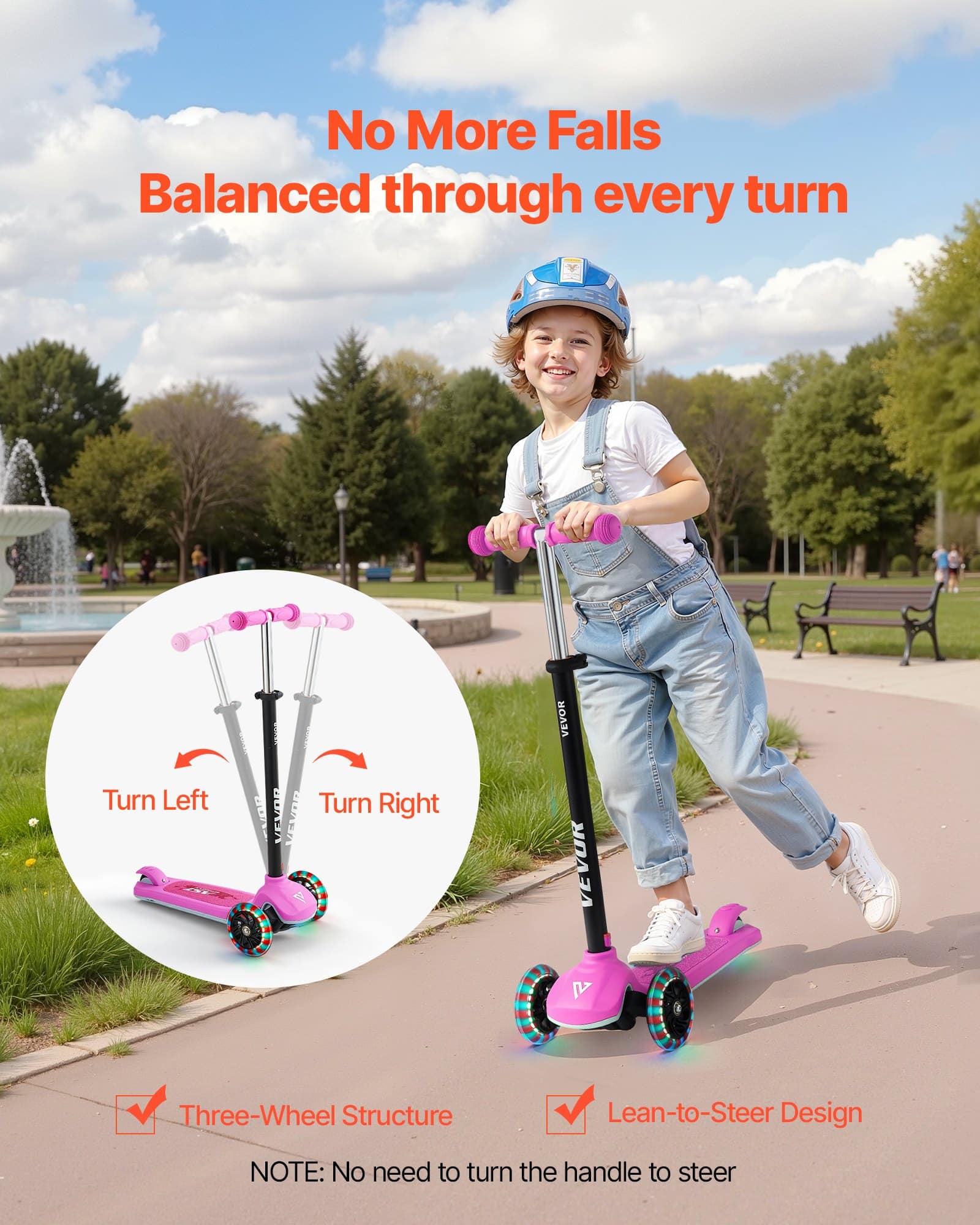 VEVOR 3-Wheel Kick Scooter for Kids Age 3+, Adjustable Height, Light-Up Wheels, Up to 75 kg, Anti-Slip Deck, Pink - Pilt 4