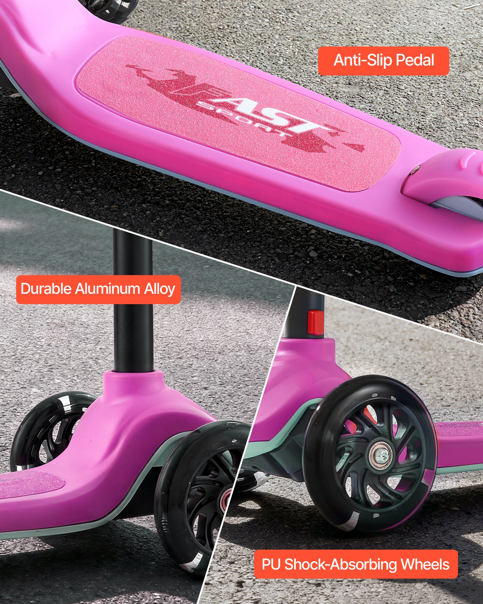VEVOR 3-Wheel Kick Scooter for Kids Age 3+, Adjustable Height, Light-Up Wheels, Up to 75 kg, Anti-Slip Deck, Pink - Pilt 5