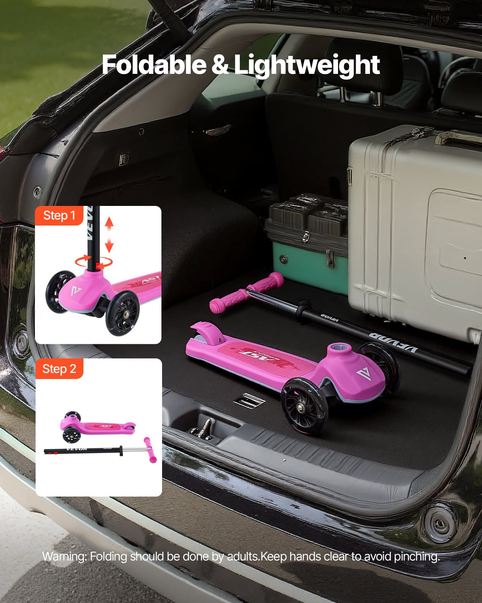 VEVOR 3-Wheel Kick Scooter for Kids Age 3+, Adjustable Height, Light-Up Wheels, Up to 75 kg, Anti-Slip Deck, Pink - Pilt 6