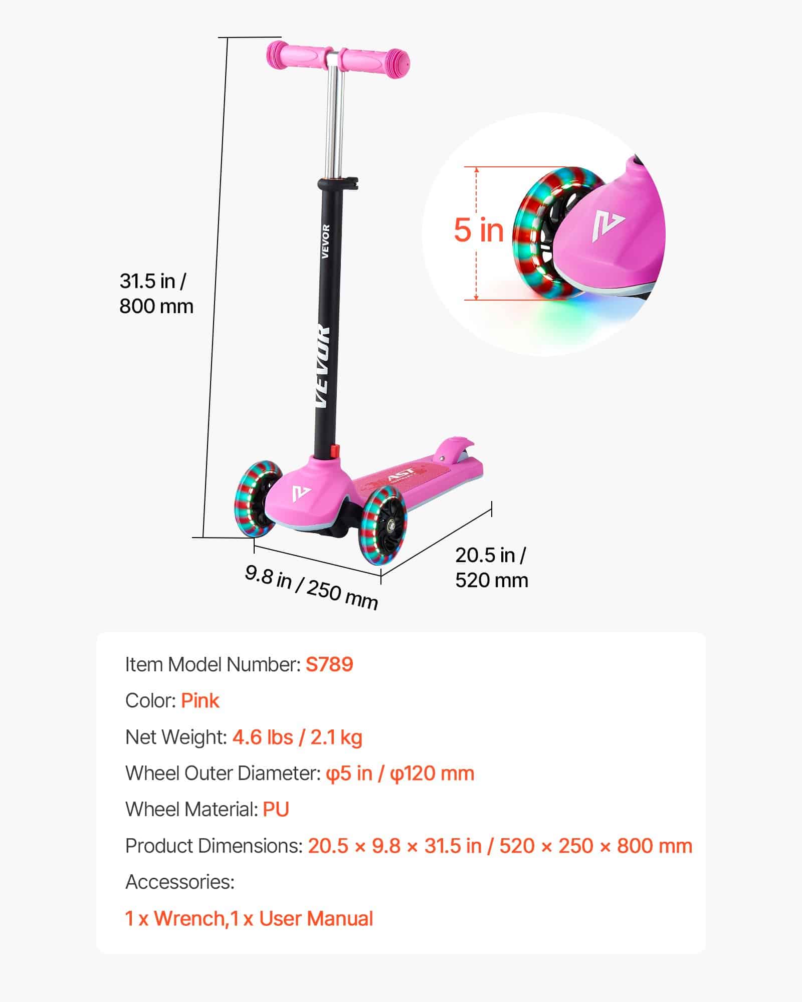 VEVOR 3-Wheel Kick Scooter for Kids Age 3+, Adjustable Height, Light-Up Wheels, Up to 75 kg, Anti-Slip Deck, Pink - Pilt 7