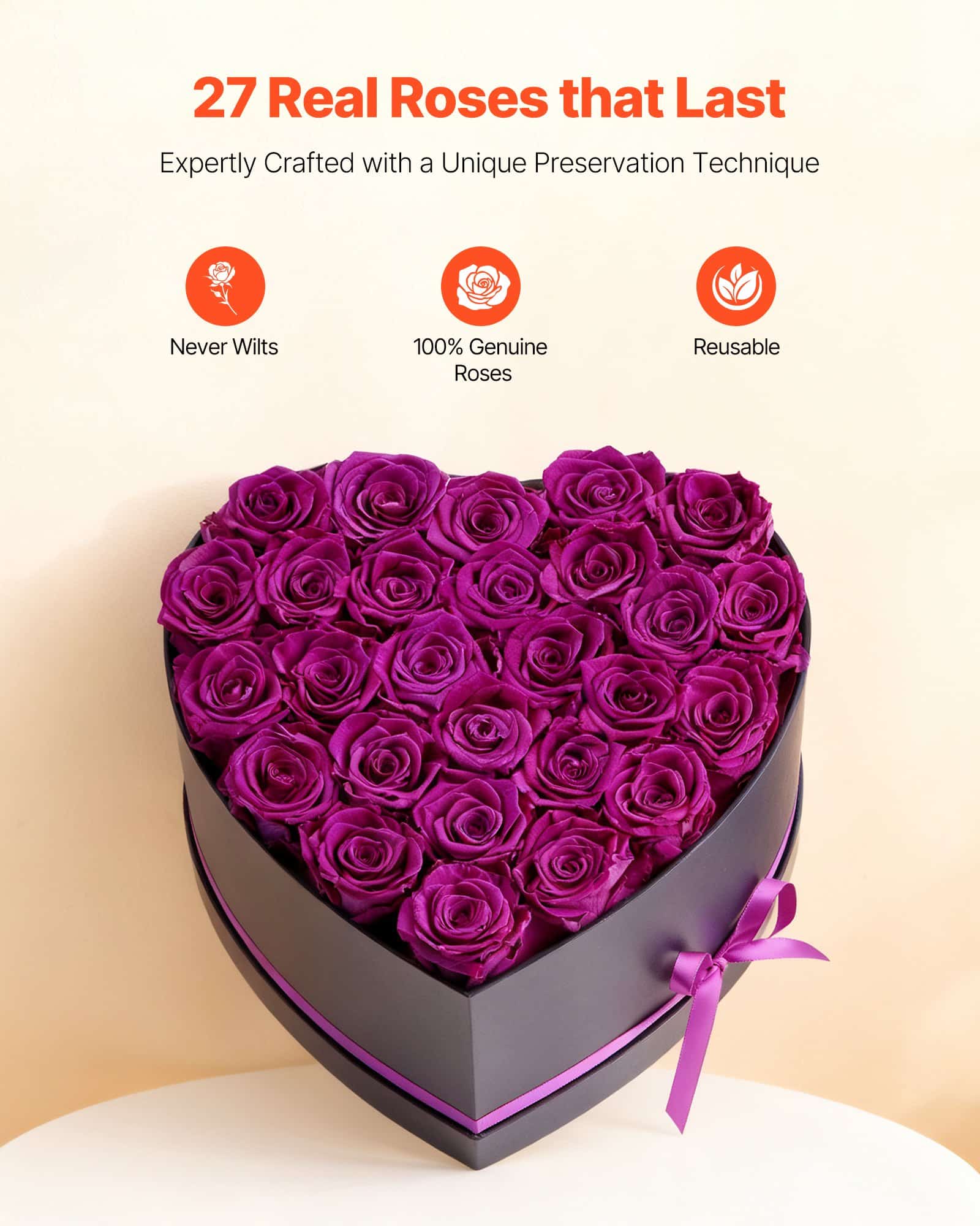 VEVOR Preserved Roses, 27 Eternal Purple Roses in Heart Box, Long-Lasting Gift for Women, Anniversary, Birthday, Valentine's Day — изображение 2