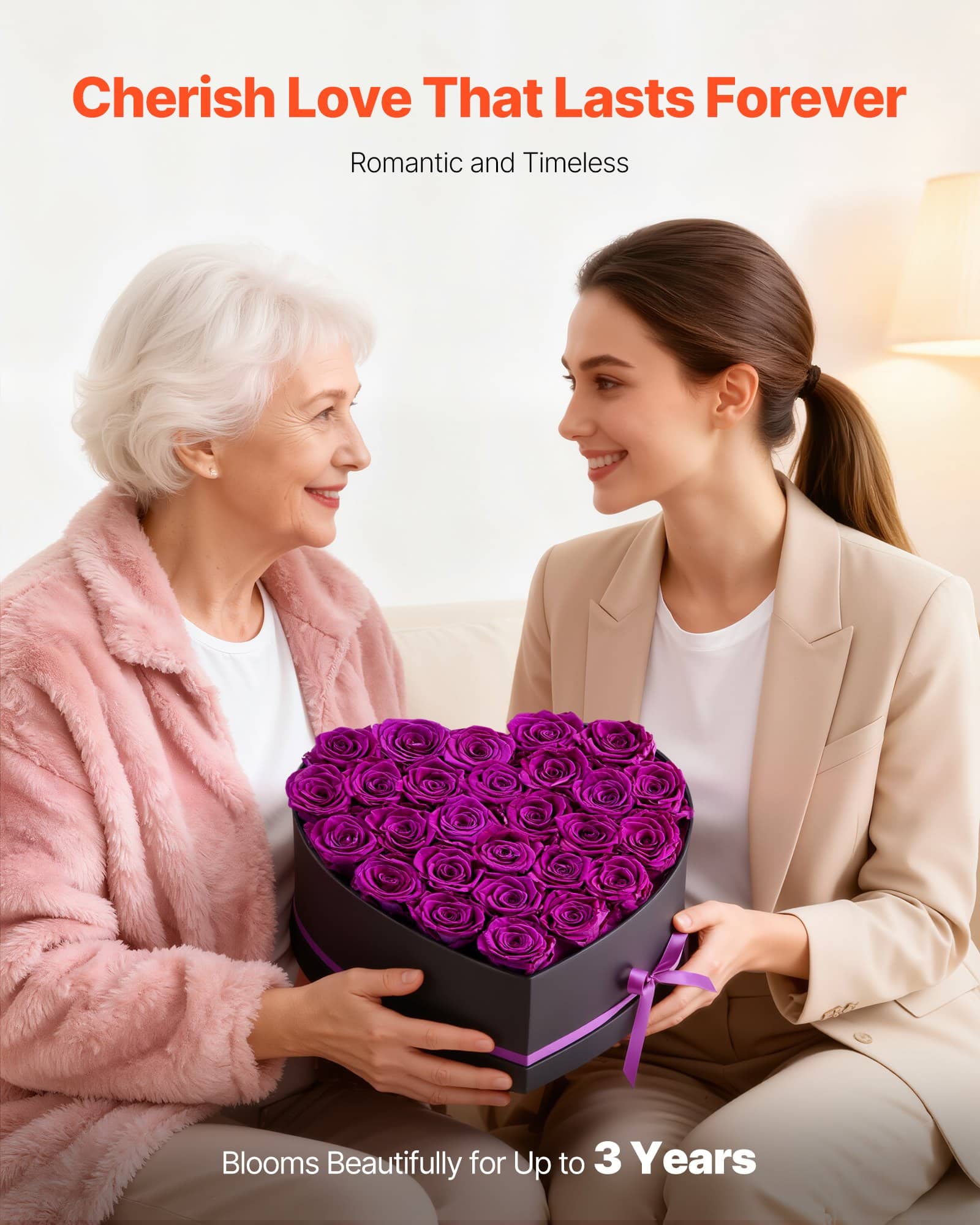 VEVOR Preserved Roses, 27 Eternal Purple Roses in Heart Box, Long-Lasting Gift for Women, Anniversary, Birthday, Valentine's Day — изображение 3