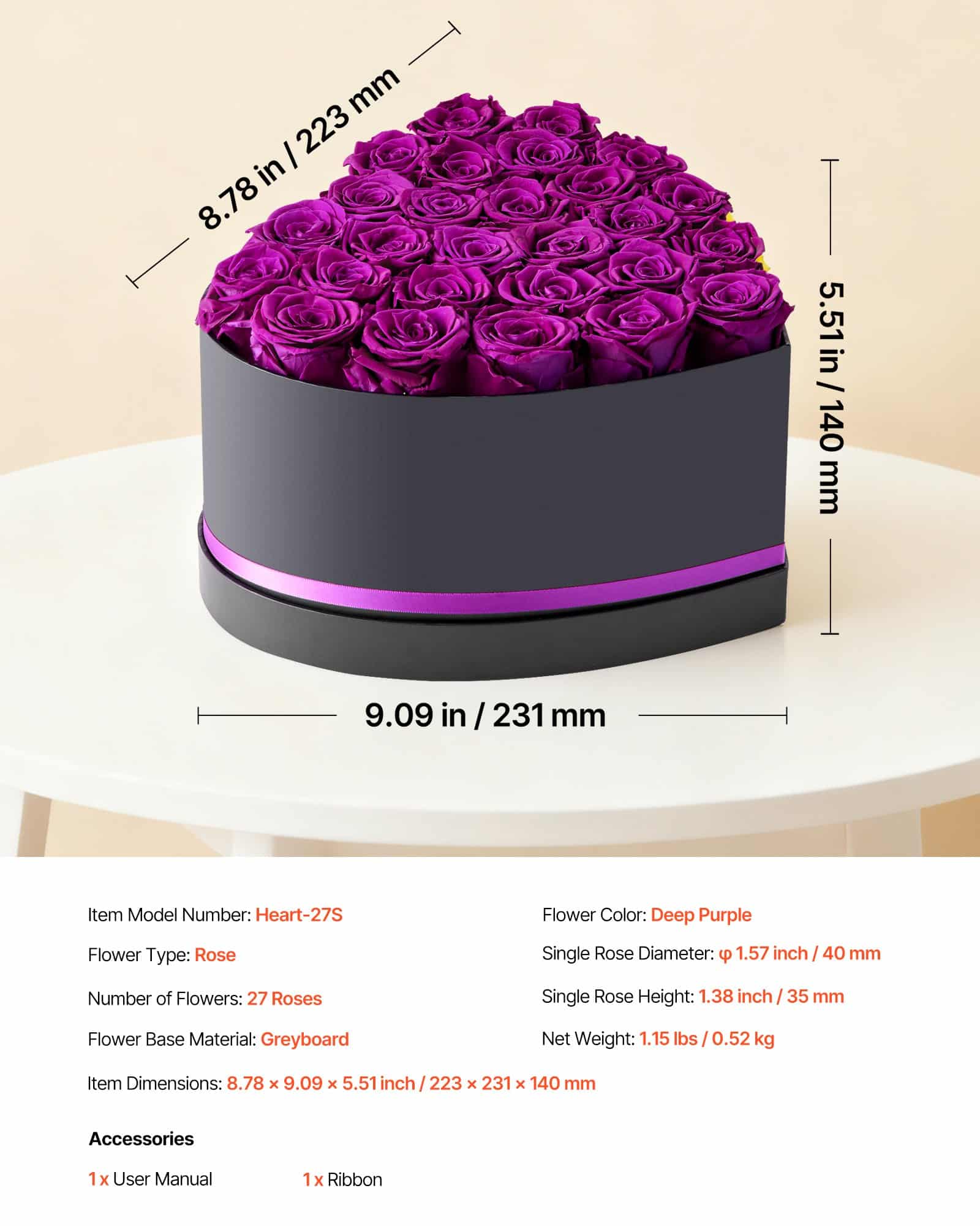 VEVOR Preserved Roses, 27 Eternal Purple Roses in Heart Box, Long-Lasting Gift for Women, Anniversary, Birthday, Valentine's Day — изображение 7