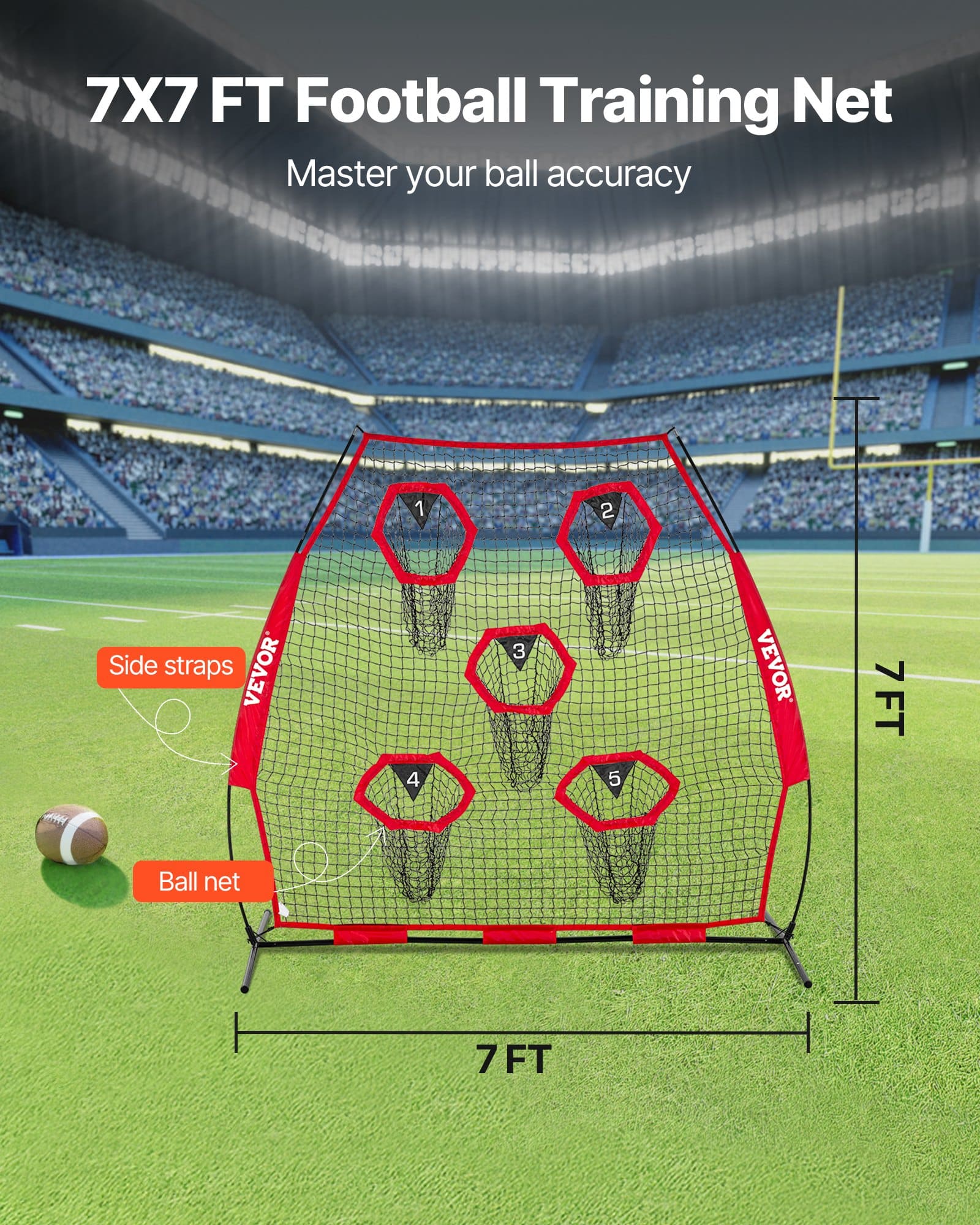 VEVOR 213x213 cm Football Throwing Trainer Net with 5 Targets, Durable Knotless Mesh, Portable Case Included - Image 3
