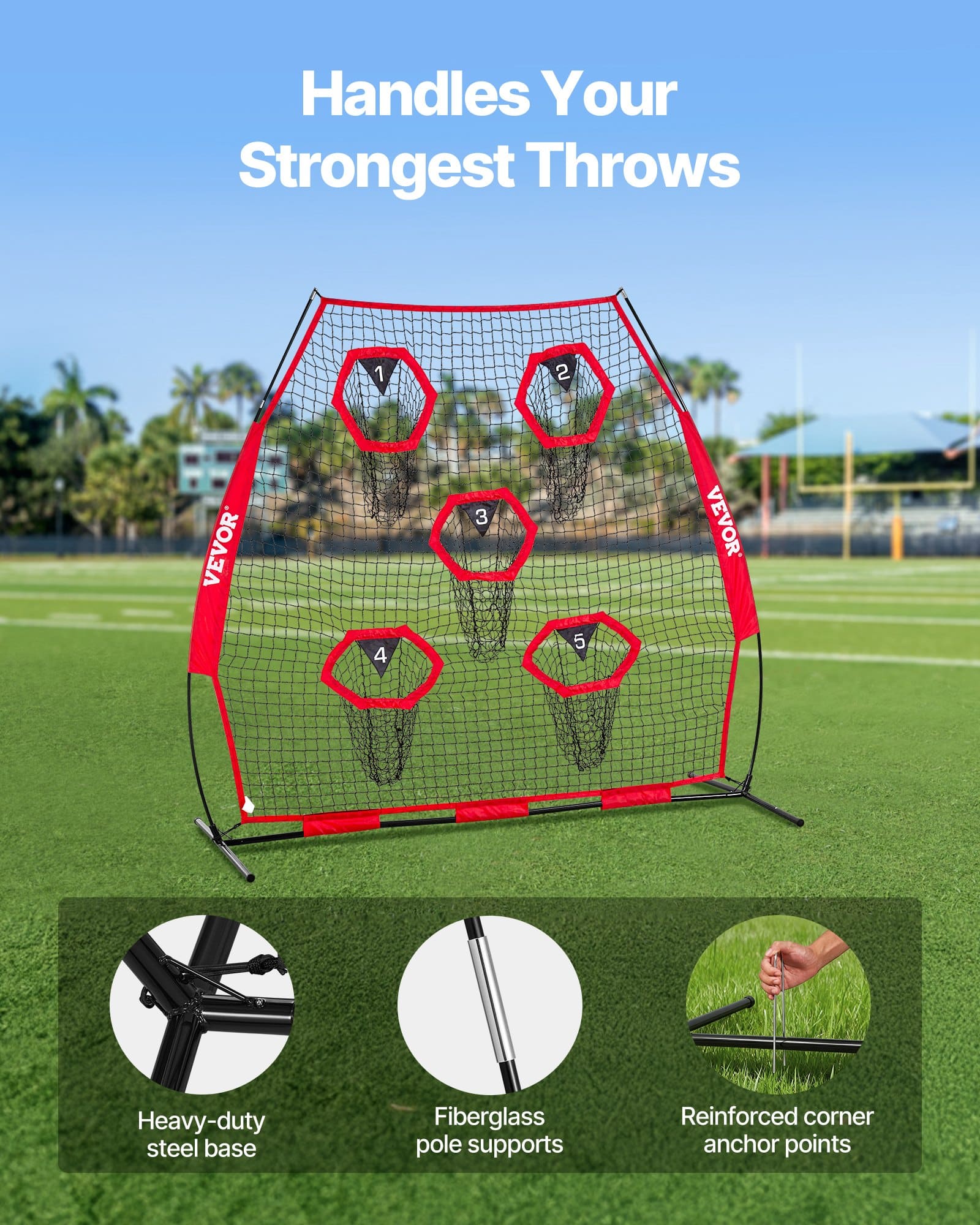 VEVOR 213x213 cm Football Throwing Trainer Net with 5 Targets, Durable Knotless Mesh, Portable Case Included - Image 4