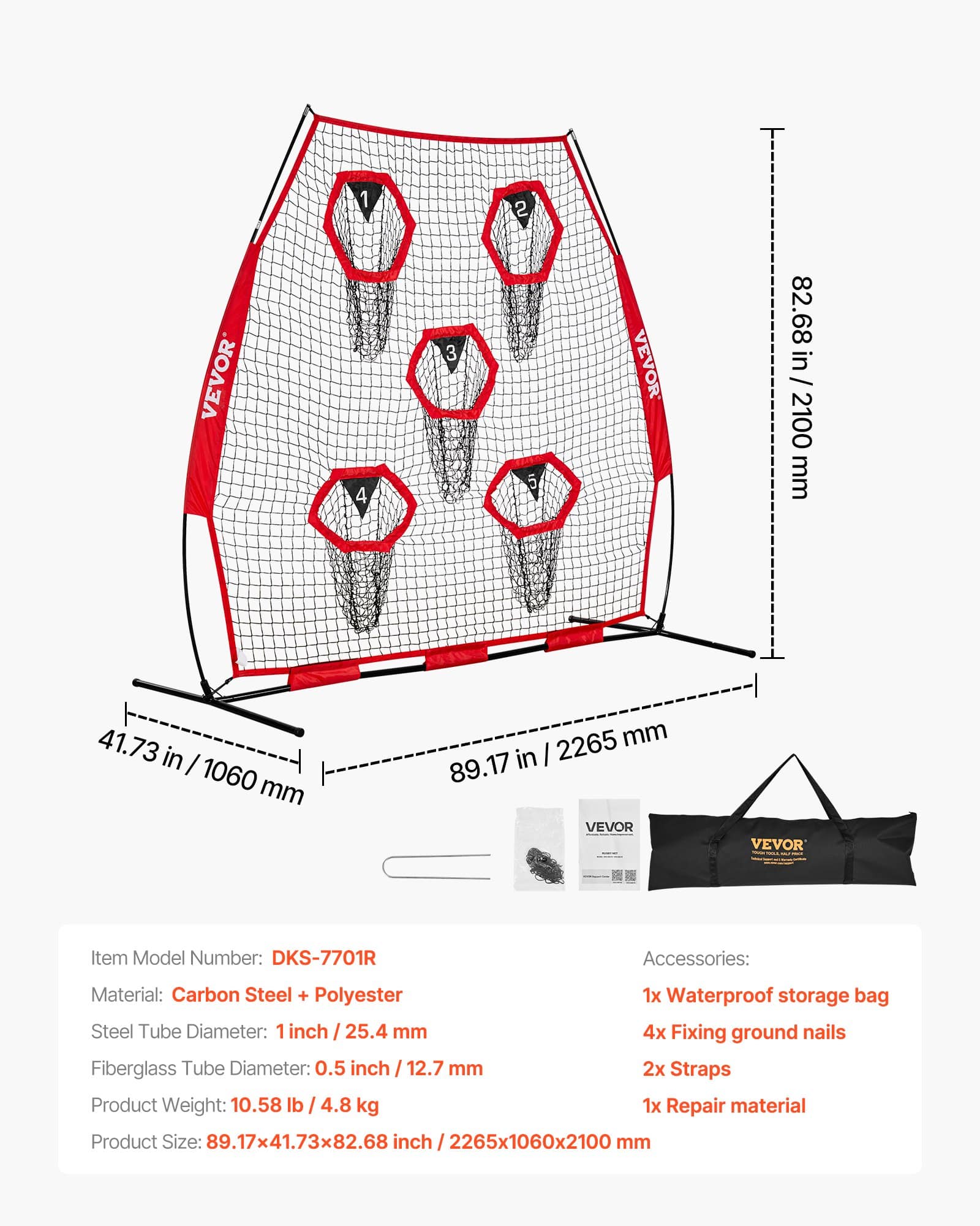 VEVOR 213x213 cm Football Throwing Trainer Net with 5 Targets, Durable Knotless Mesh, Portable Case Included - Image 7