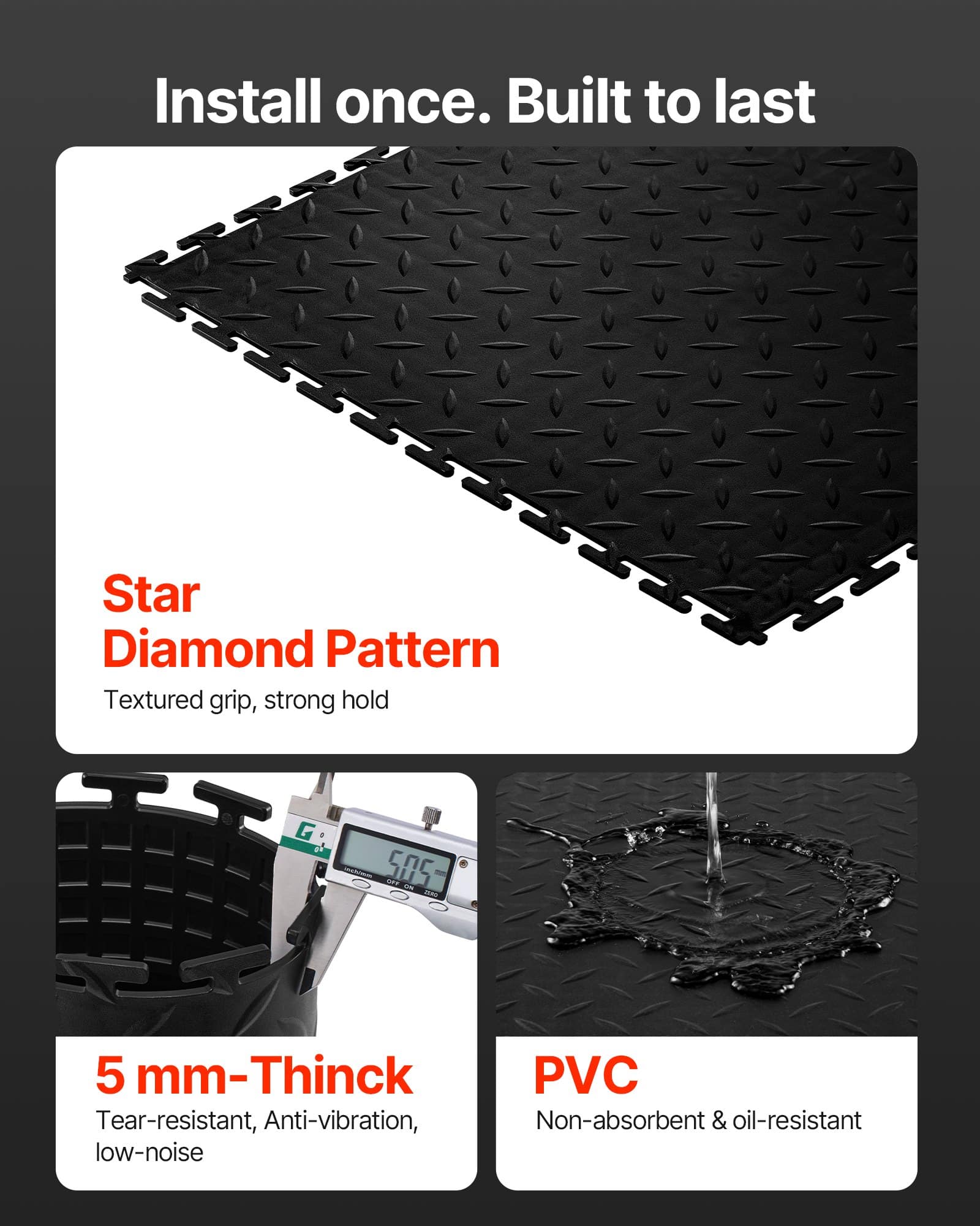 VEVOR Interlocking PVC Garage Floor Tiles 8-Pack, 513x513x5mm, Slip-Resistant Diamond Plate, Heavy-Duty, Black, 2.1 m² — изображение 3