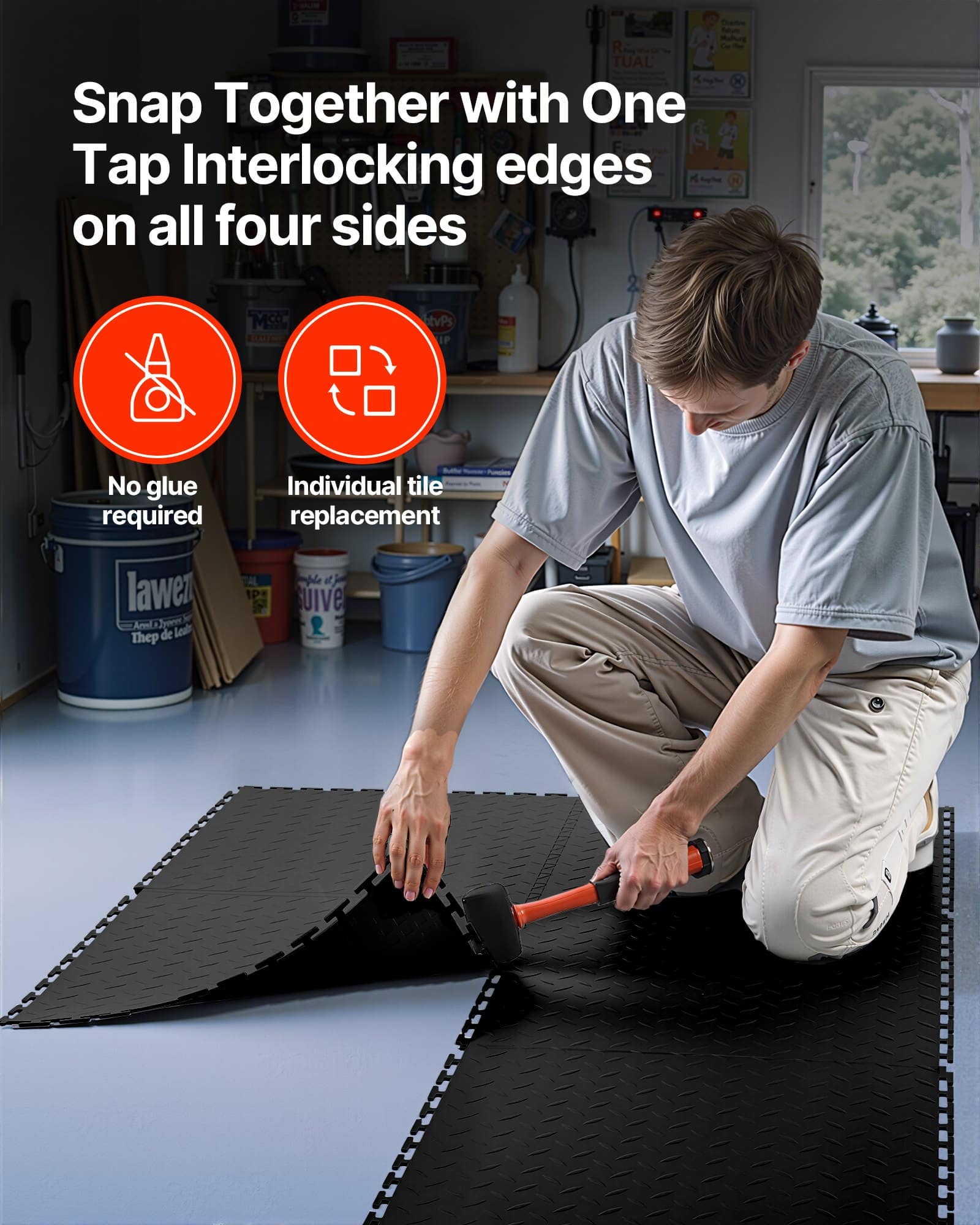 VEVOR Interlocking PVC Garage Floor Tiles 8-Pack, 513x513x5mm, Slip-Resistant Diamond Plate, Heavy-Duty, Black, 2.1 m² — изображение 6