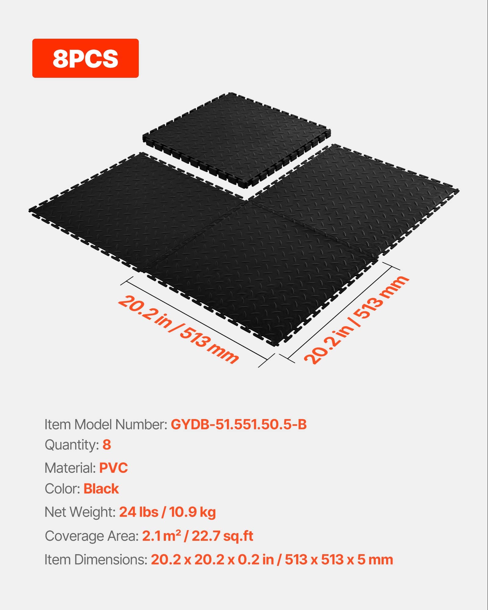 VEVOR Interlocking PVC Garage Floor Tiles 8-Pack, 513x513x5mm, Slip-Resistant Diamond Plate, Heavy-Duty, Black, 2.1 m² — изображение 7