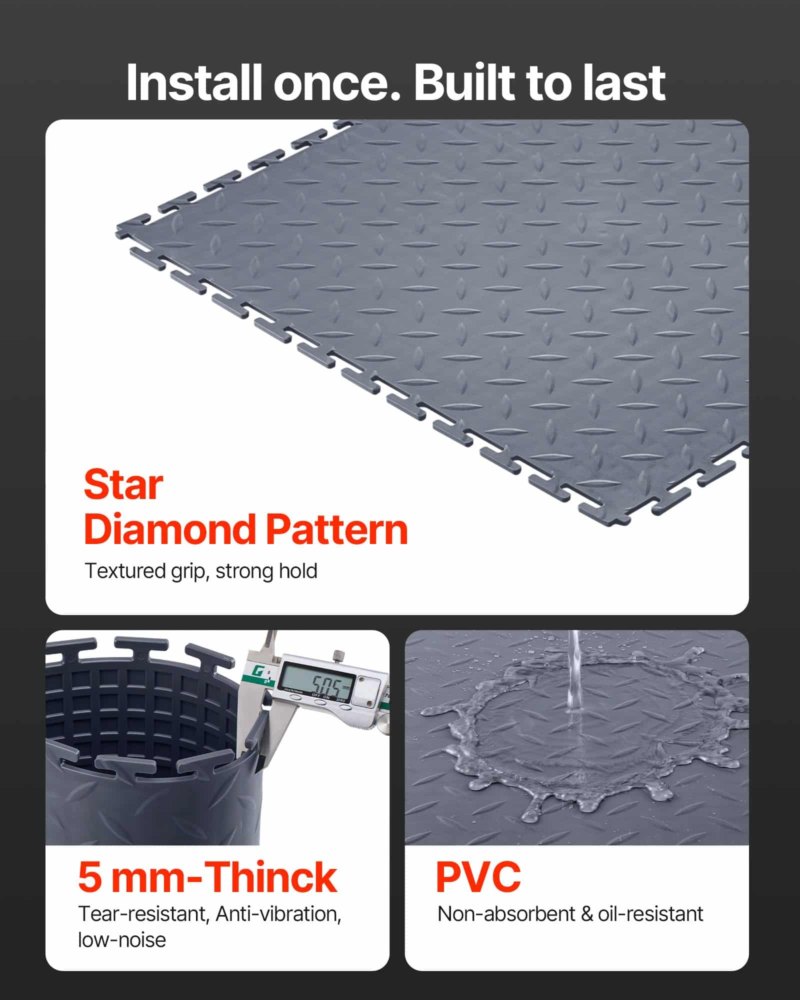 VEVOR 8-Pack Interlocking PVC Garage Floor Tiles, 513x513x5 mm, Slip-Resistant Diamond Plate Mats, Graphite Gray, 2.1 m² — изображение 3