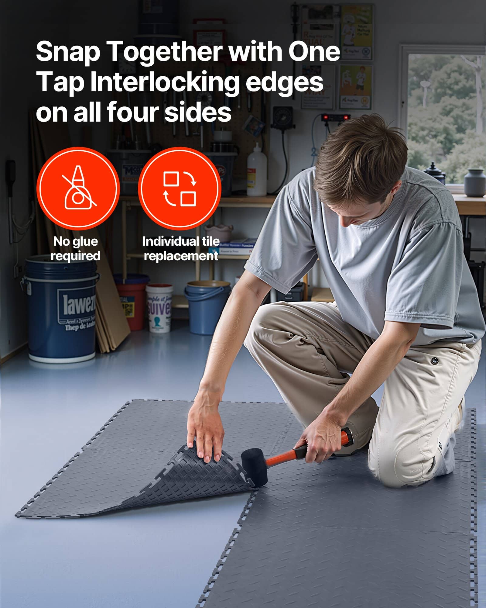 VEVOR 8-Pack Interlocking PVC Garage Floor Tiles, 513x513x5 mm, Slip-Resistant Diamond Plate Mats, Graphite Gray, 2.1 m² — изображение 6